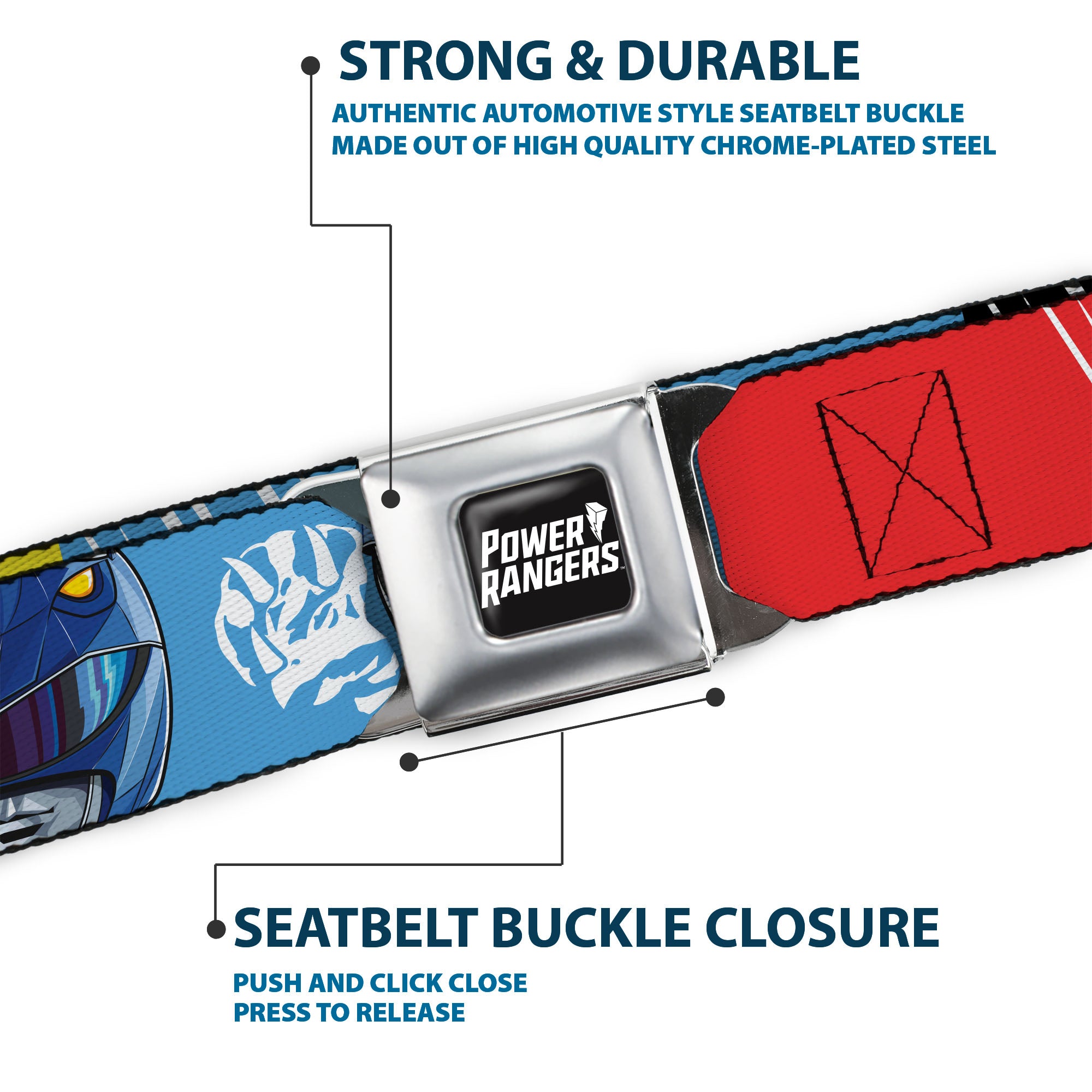 POWER RANGERS Title Logo Full Color Black/White Seatbelt Belt - Power Rangers Face and Power Icon Blocks Multi Color Webbing Seatbelt Belts Power Rangers