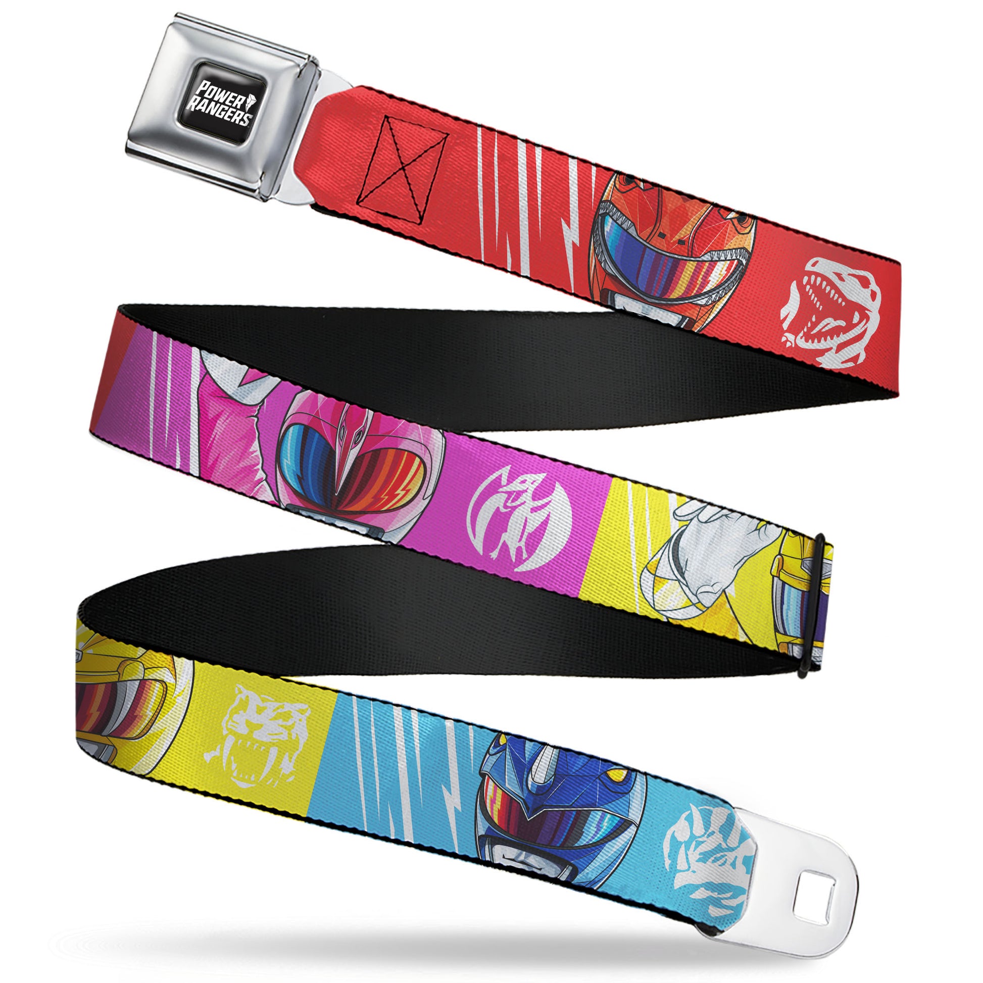 POWER RANGERS Title Logo Full Color Black/White Seatbelt Belt - Power Rangers Face and Power Icon Blocks Multi Color Webbing Seatbelt Belts Power Rangers