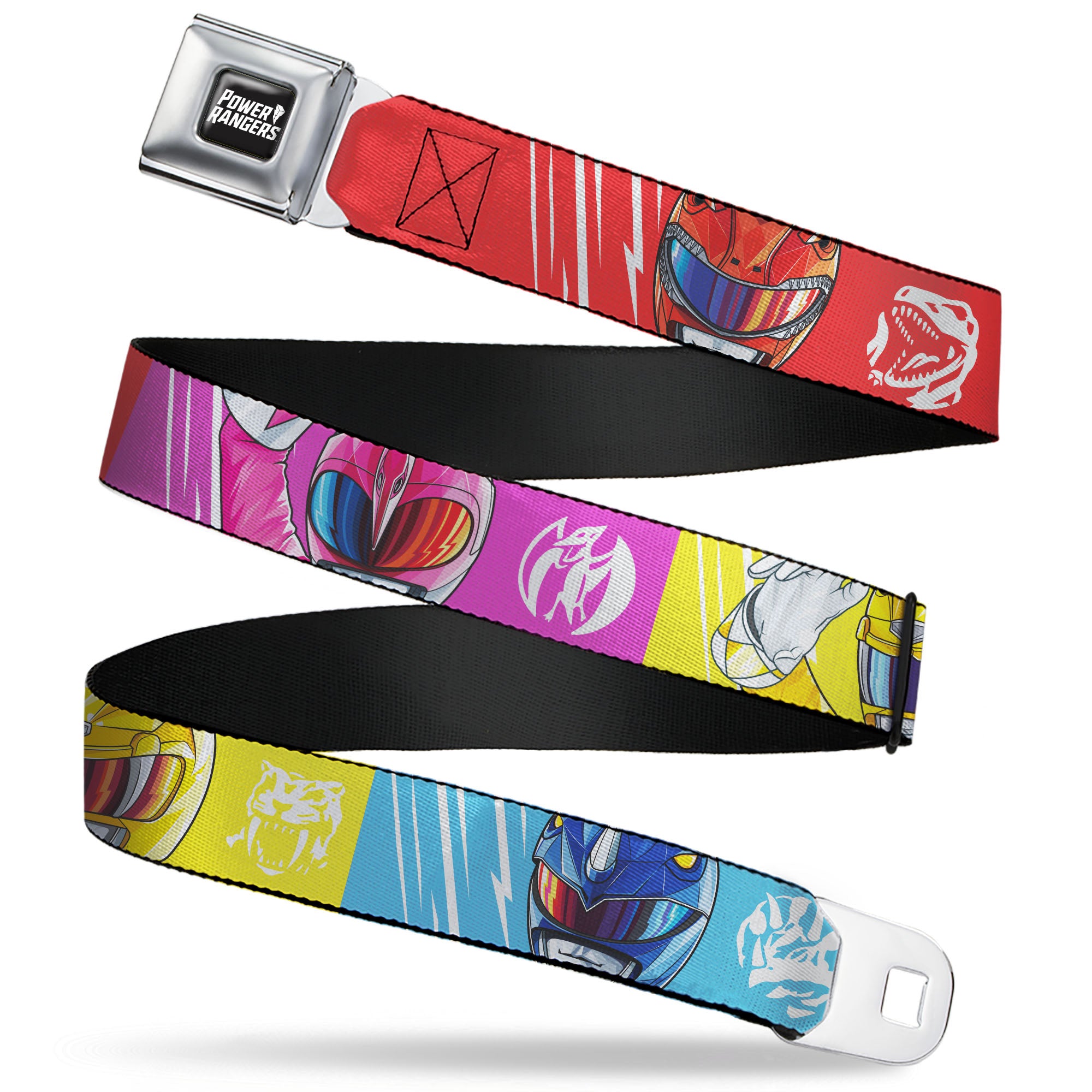 POWER RANGERS Title Logo Full Color Black/White Seatbelt Belt - Power Rangers Face and Power Icon Blocks Multi Color Webbing Seatbelt Belts Power Rangers