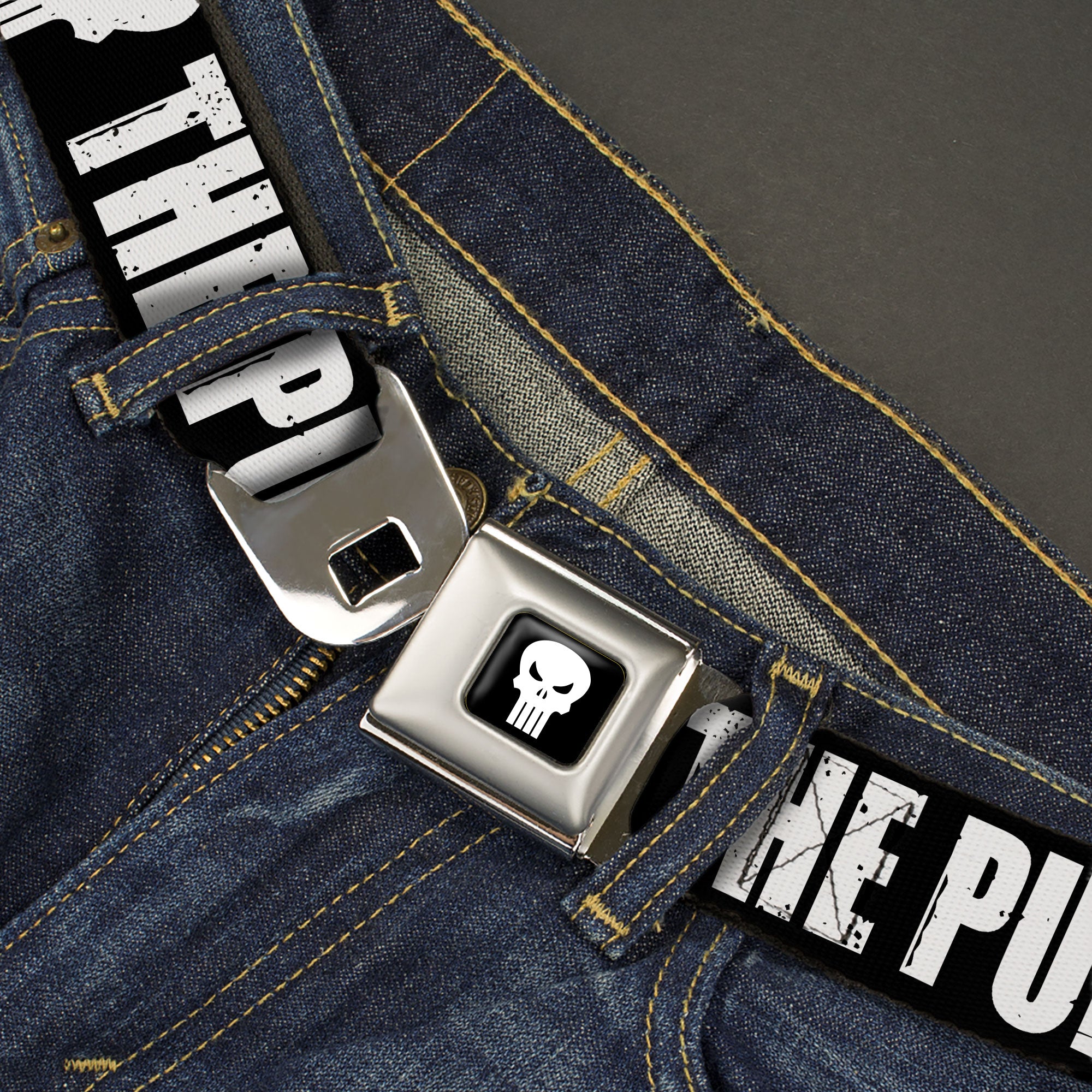 Punisher Logo Full Color Black/White Seatbelt Belt - THE PUNISHER Bold w/Logo4 Weathered Black/White Webbing