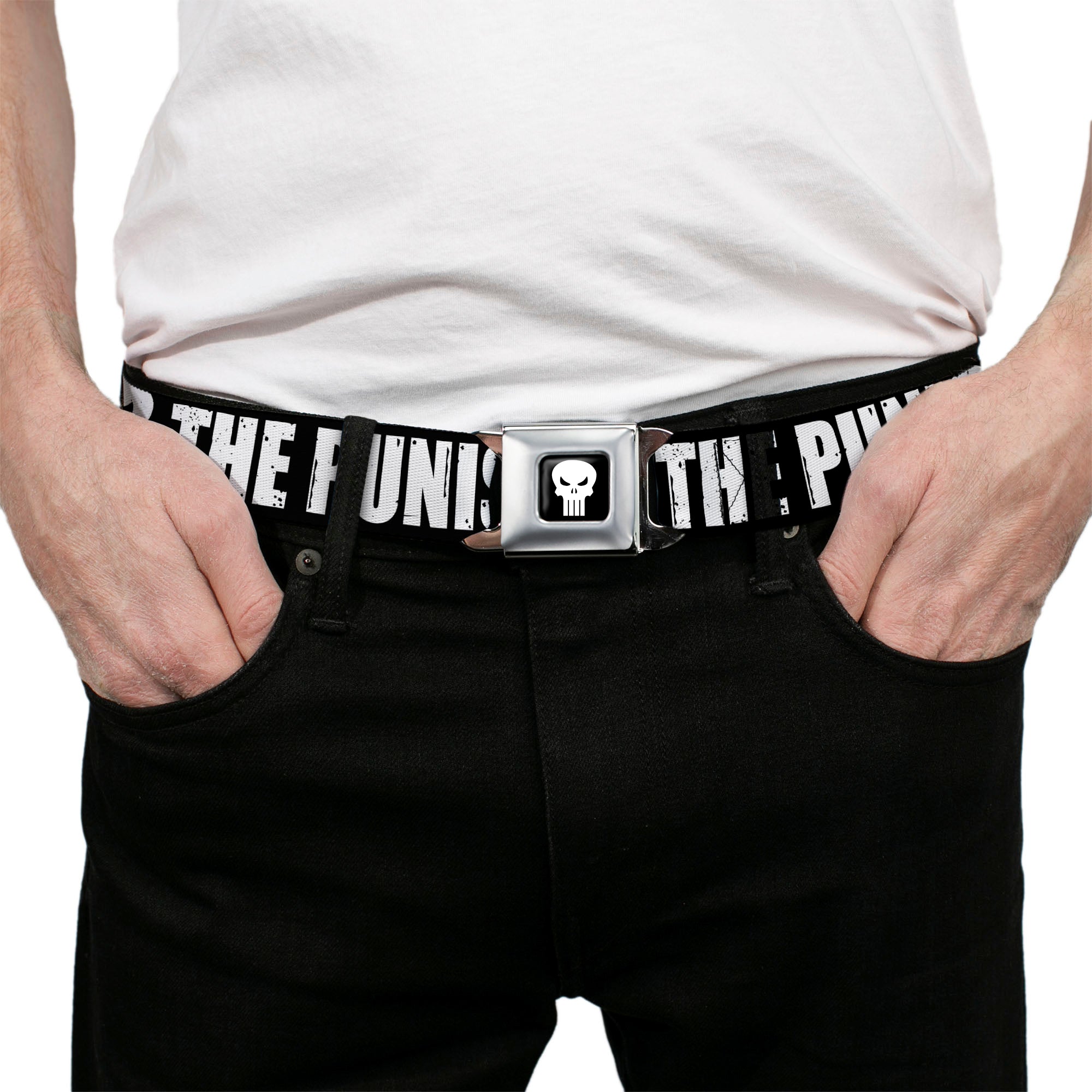Punisher Logo Full Color Black/White Seatbelt Belt - THE PUNISHER Bold w/Logo4 Weathered Black/White Webbing