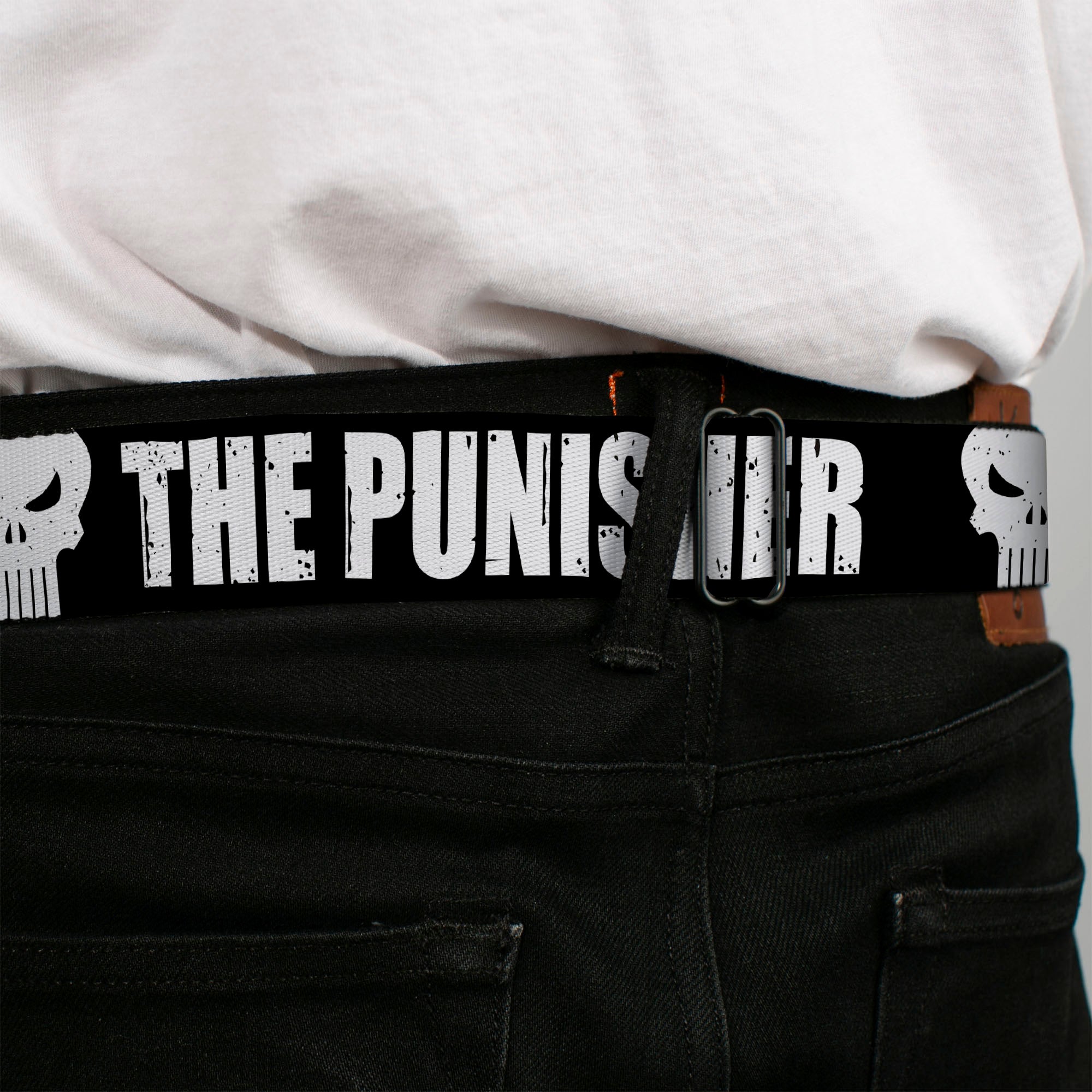 Punisher Logo Full Color Black/White Seatbelt Belt - THE PUNISHER Bold w/Logo4 Weathered Black/White Webbing