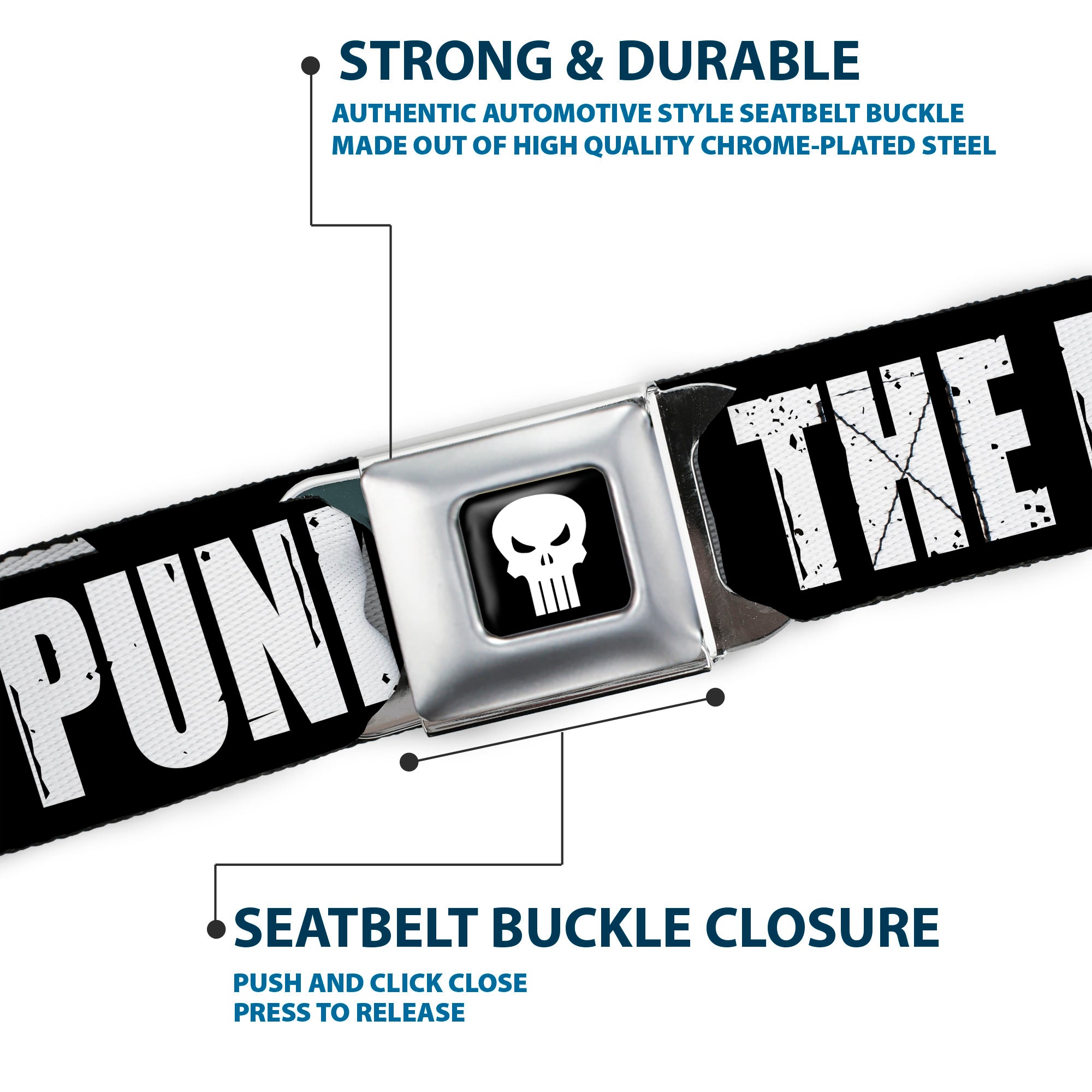 Punisher Logo Full Color Black/White Seatbelt Belt - THE PUNISHER Bold w/Logo4 Weathered Black/White Webbing