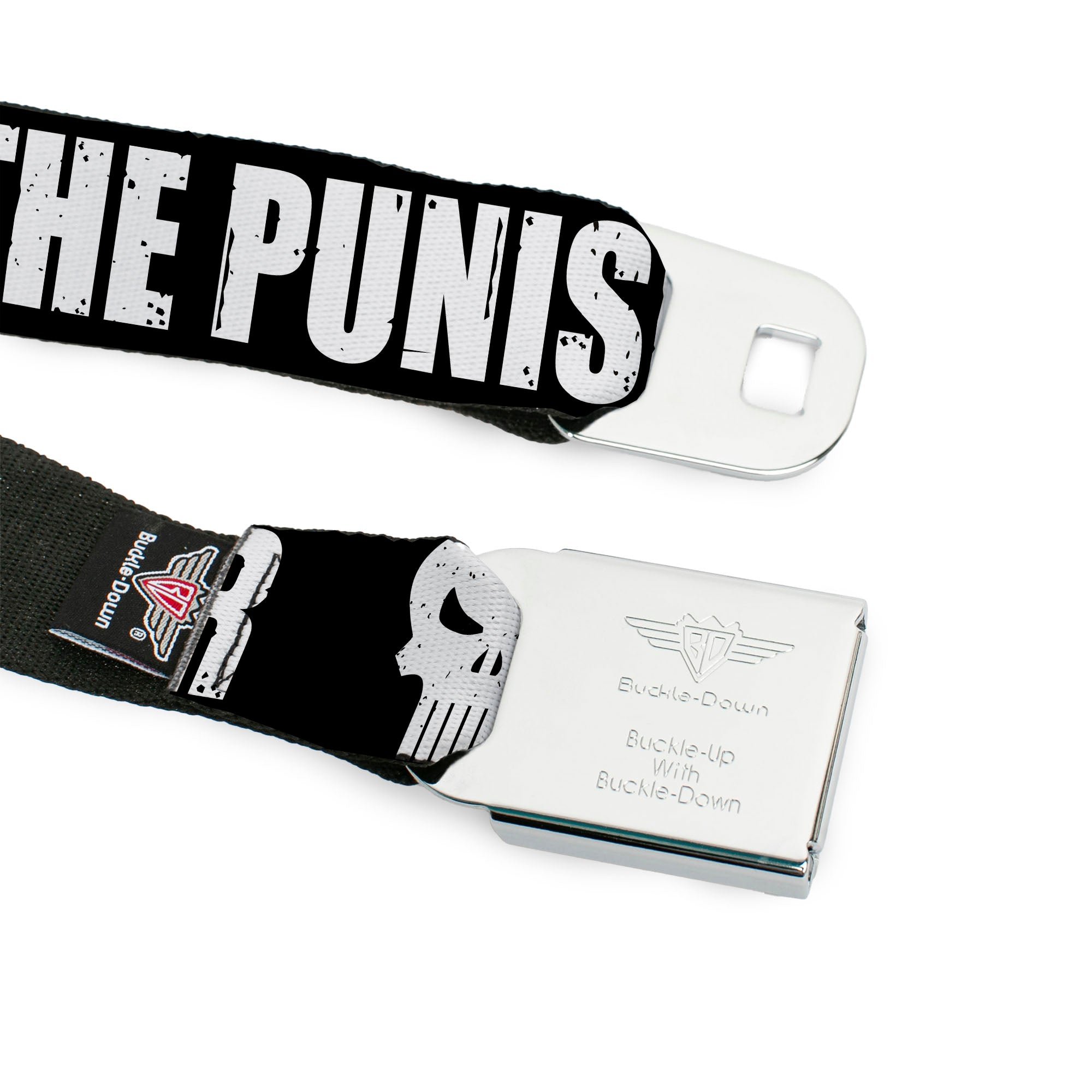 Punisher Logo Full Color Black/White Seatbelt Belt - THE PUNISHER Bold w/Logo4 Weathered Black/White Webbing