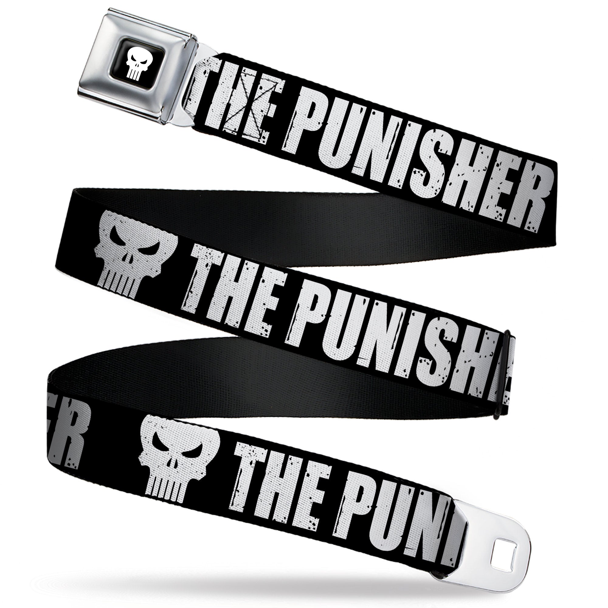 Punisher Logo Full Color Black/White Seatbelt Belt - THE PUNISHER Bold w/Logo4 Weathered Black/White Webbing