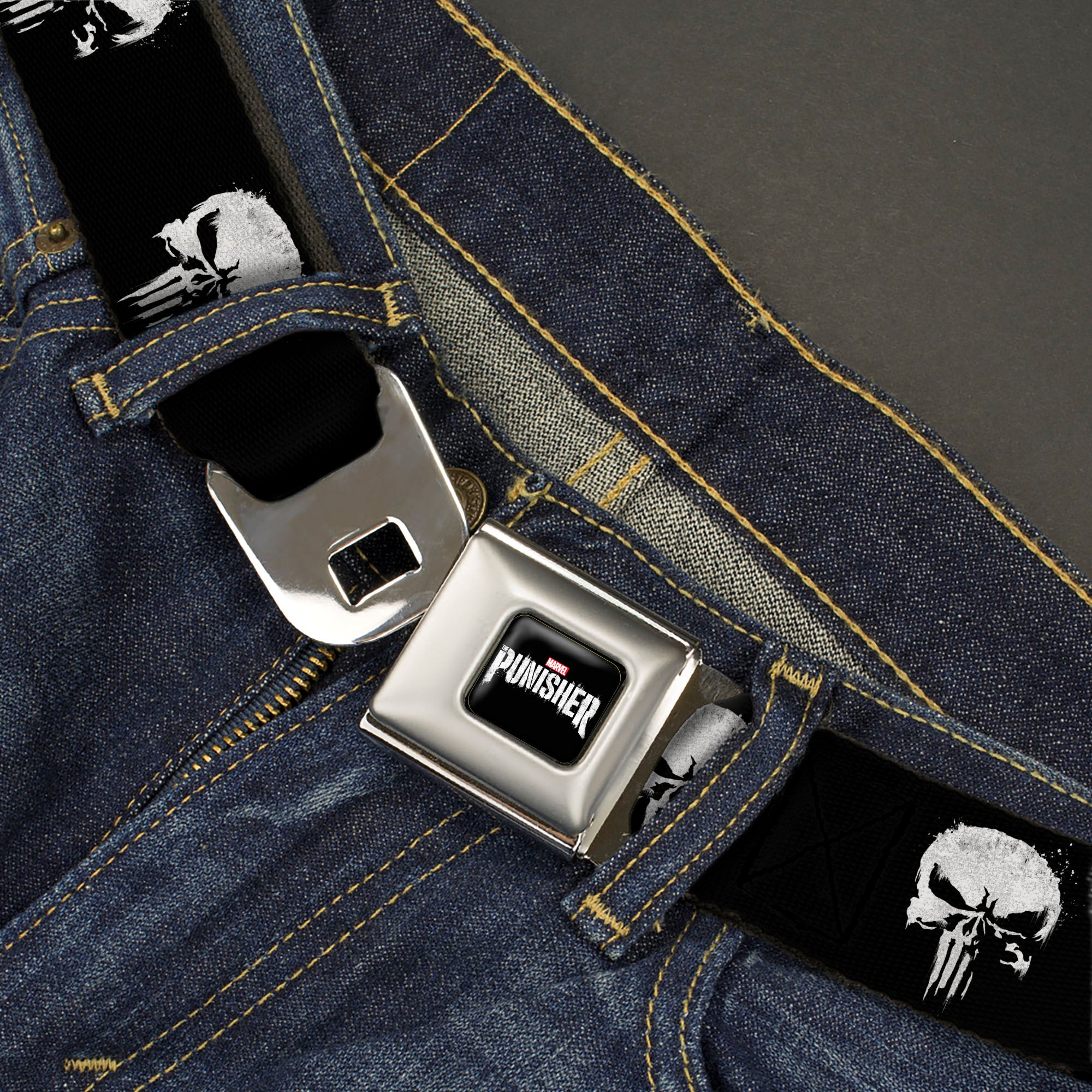 MARVEL THE PUNISHER 2017 Series Logo Full Color Black/Red/White Seatbelt Belt - Punisher 2017 Series Icon Black/White Webbing Seatbelt Belts Marvel Comics