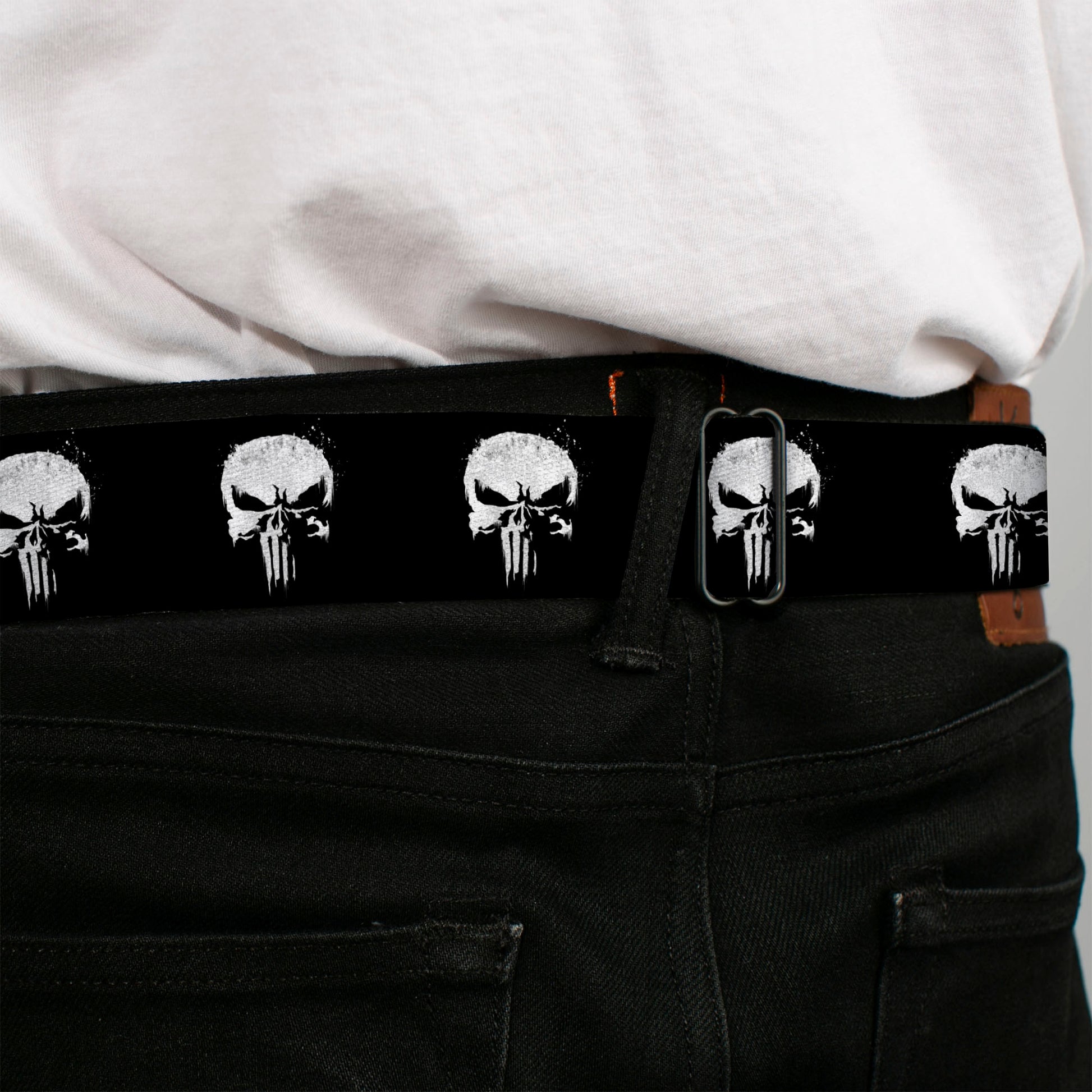 MARVEL THE PUNISHER 2017 Series Logo Full Color Black/Red/White Seatbelt Belt - Punisher 2017 Series Icon Black/White Webbing Seatbelt Belts Marvel Comics