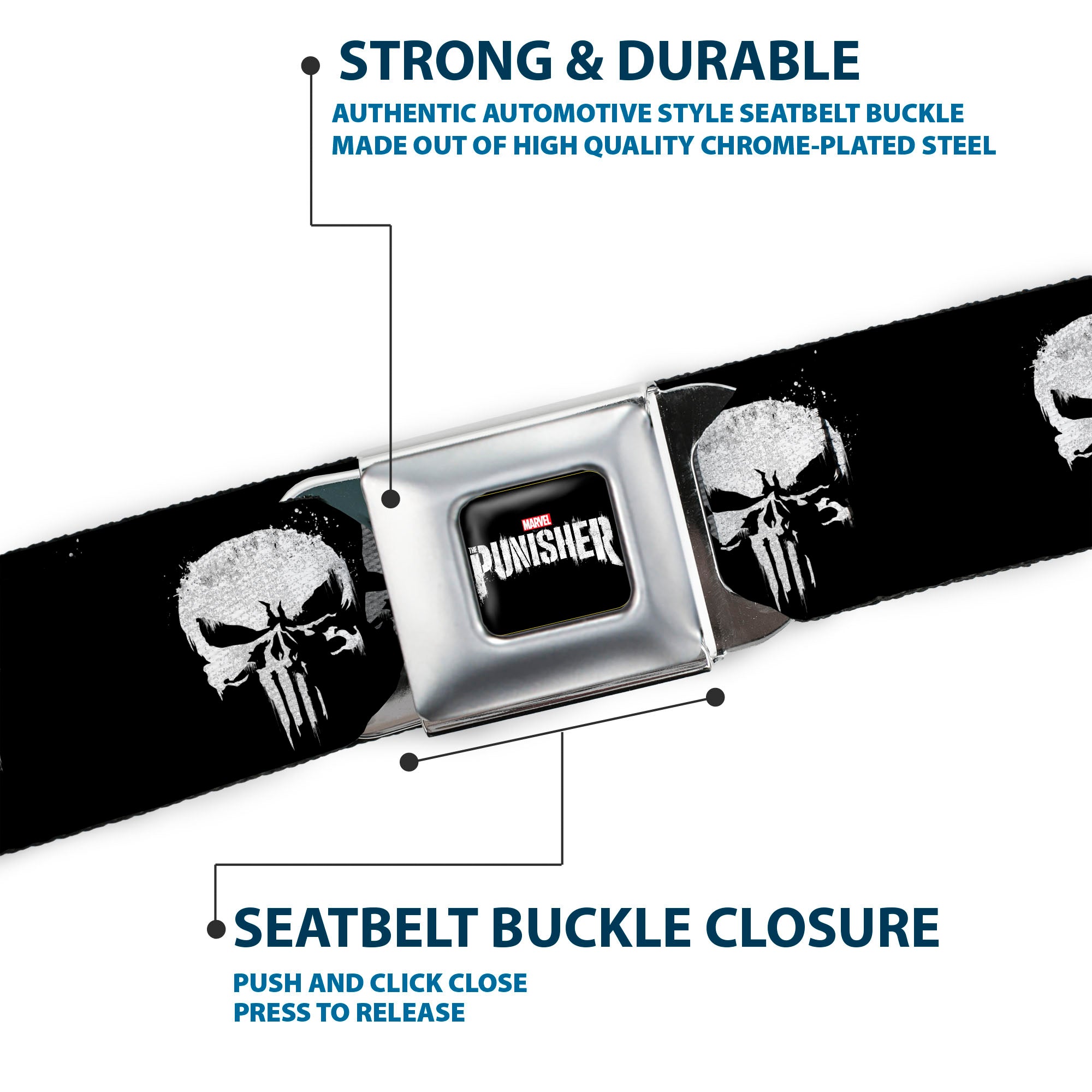 MARVEL THE PUNISHER 2017 Series Logo Full Color Black/Red/White Seatbelt Belt - Punisher 2017 Series Icon Black/White Webbing Seatbelt Belts Marvel Comics