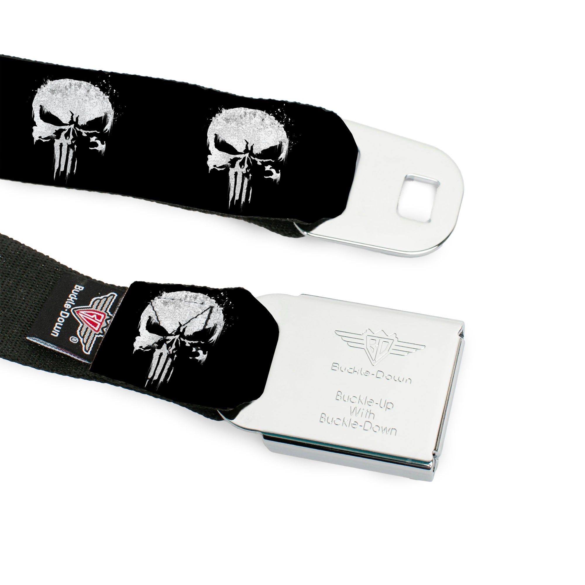 MARVEL THE PUNISHER 2017 Series Logo Full Color Black/Red/White Seatbelt Belt - Punisher 2017 Series Icon Black/White Webbing Seatbelt Belts Marvel Comics