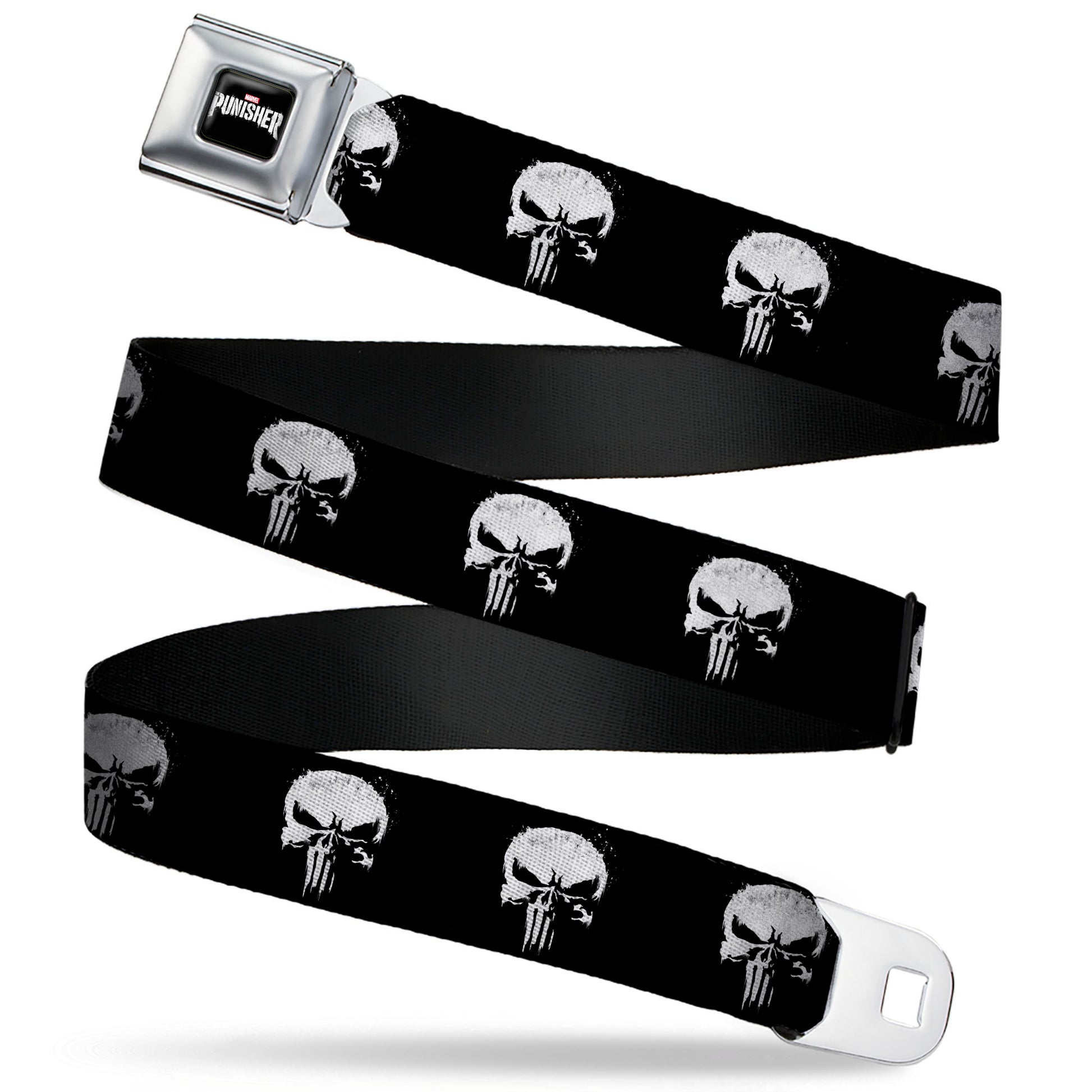 MARVEL THE PUNISHER 2017 Series Logo Full Color Black/Red/White Seatbelt Belt - Punisher 2017 Series Icon Black/White Webbing Seatbelt Belts Marvel Comics