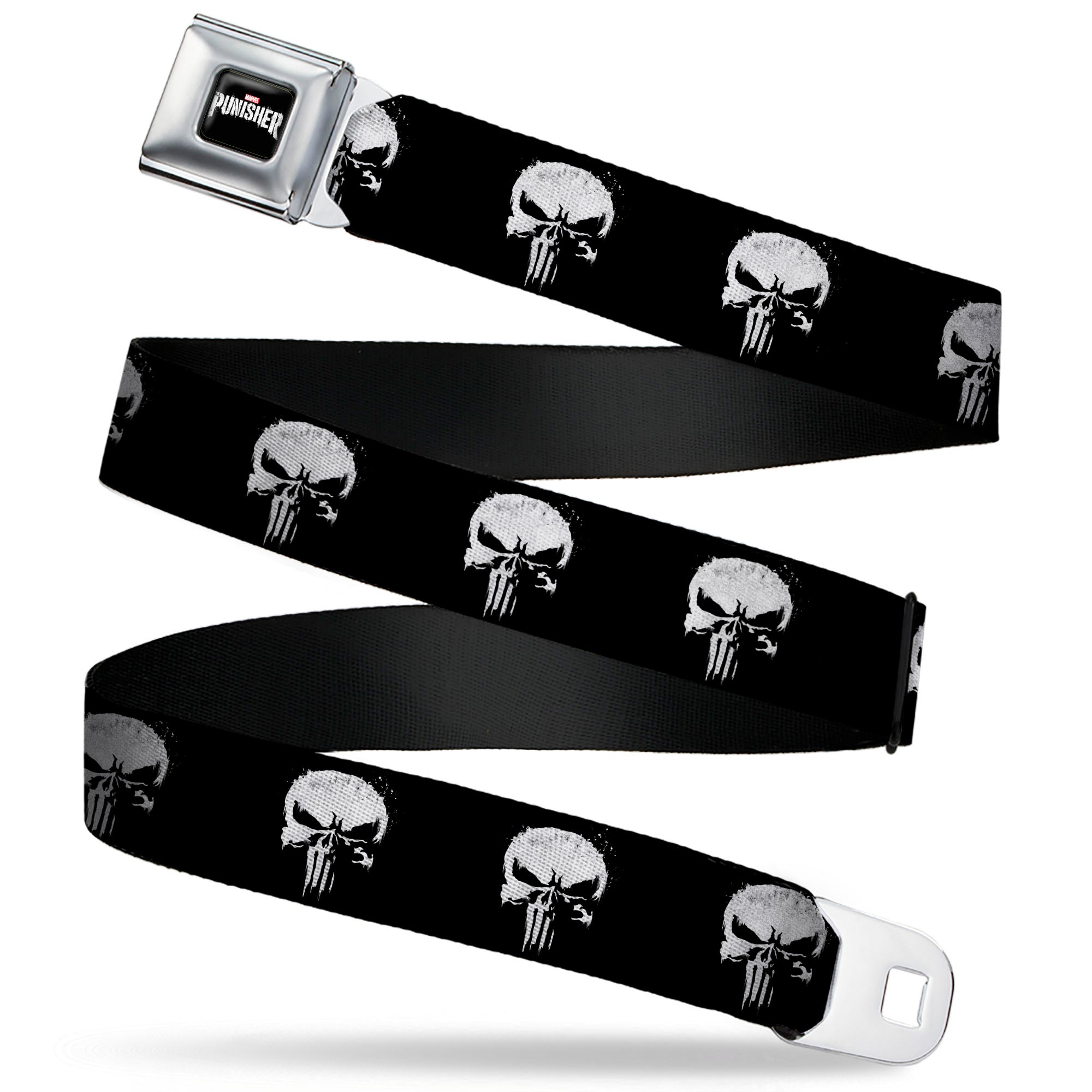 MARVEL THE PUNISHER 2017 Series Logo Full Color Black/Red/White Seatbelt Belt - Punisher 2017 Series Icon Black/White Webbing Seatbelt Belts Marvel Comics