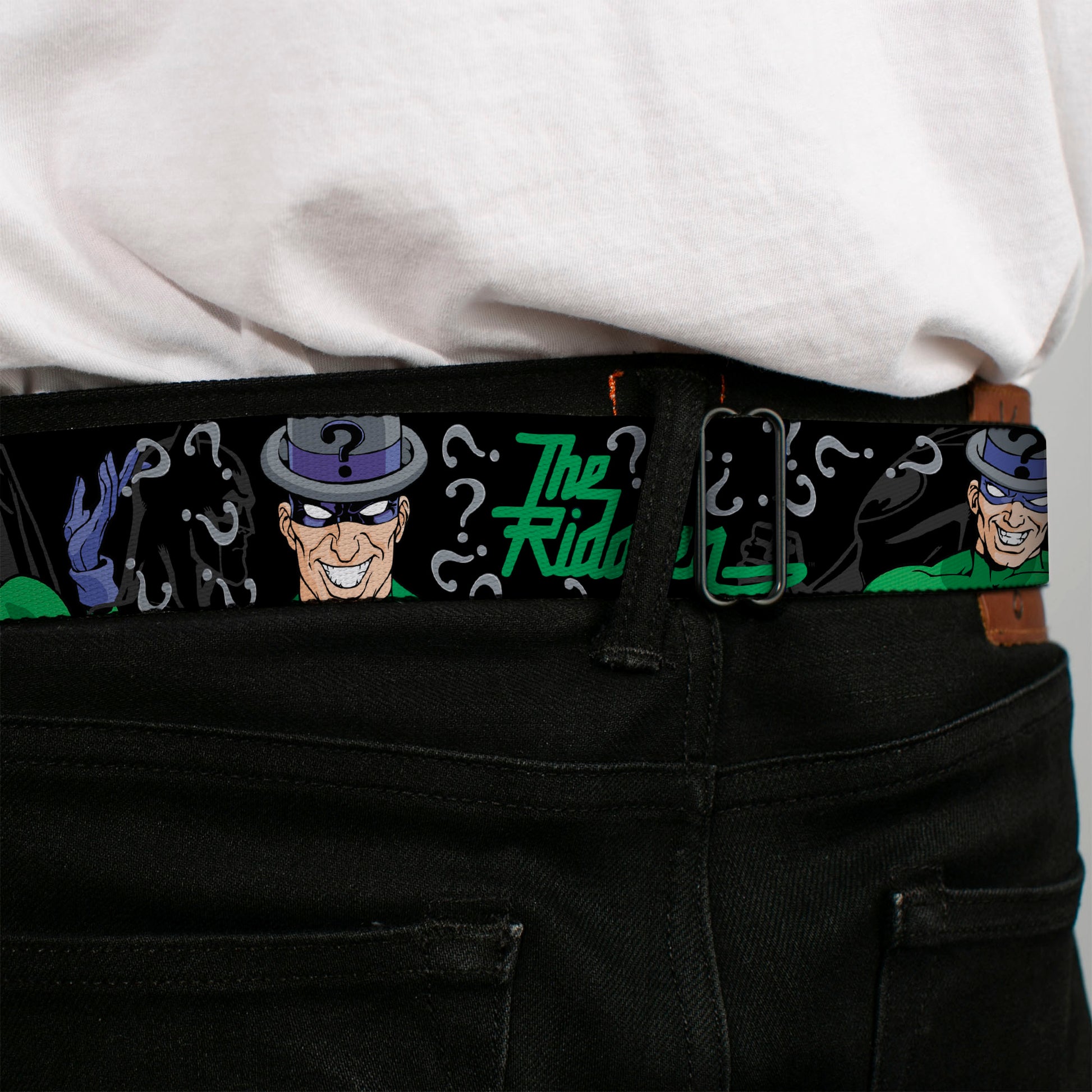 Riddler "?" Black Silver Seatbelt Belt - The Riddler w/Batman Silhouette Webbing Seatbelt Belts DC Comics