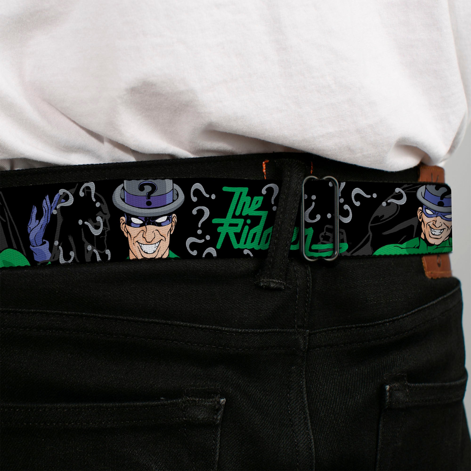 Riddler "?" Black Silver Seatbelt Belt - The Riddler w/Batman Silhouette Webbing Seatbelt Belts DC Comics