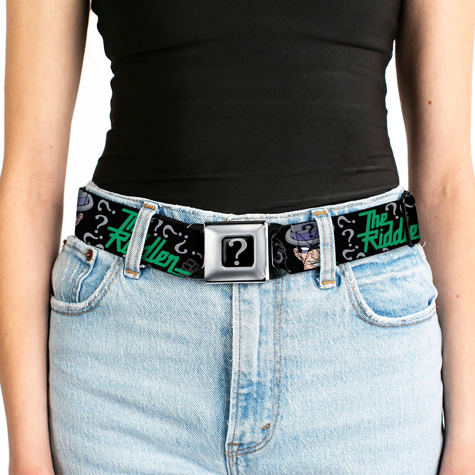 Riddler "?" Black Silver Seatbelt Belt - The Riddler w/Batman Silhouette Webbing Seatbelt Belts DC Comics