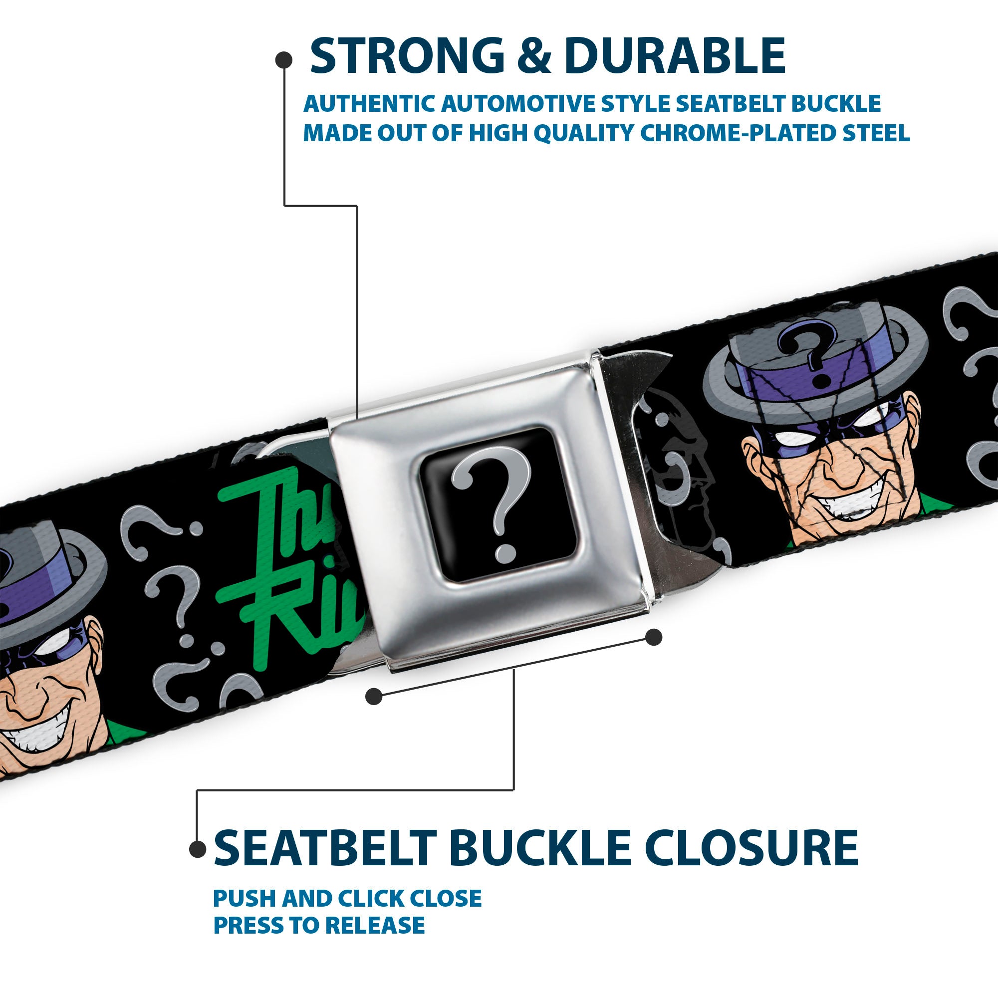 Riddler "?" Black Silver Seatbelt Belt - The Riddler w/Batman Silhouette Webbing Seatbelt Belts DC Comics