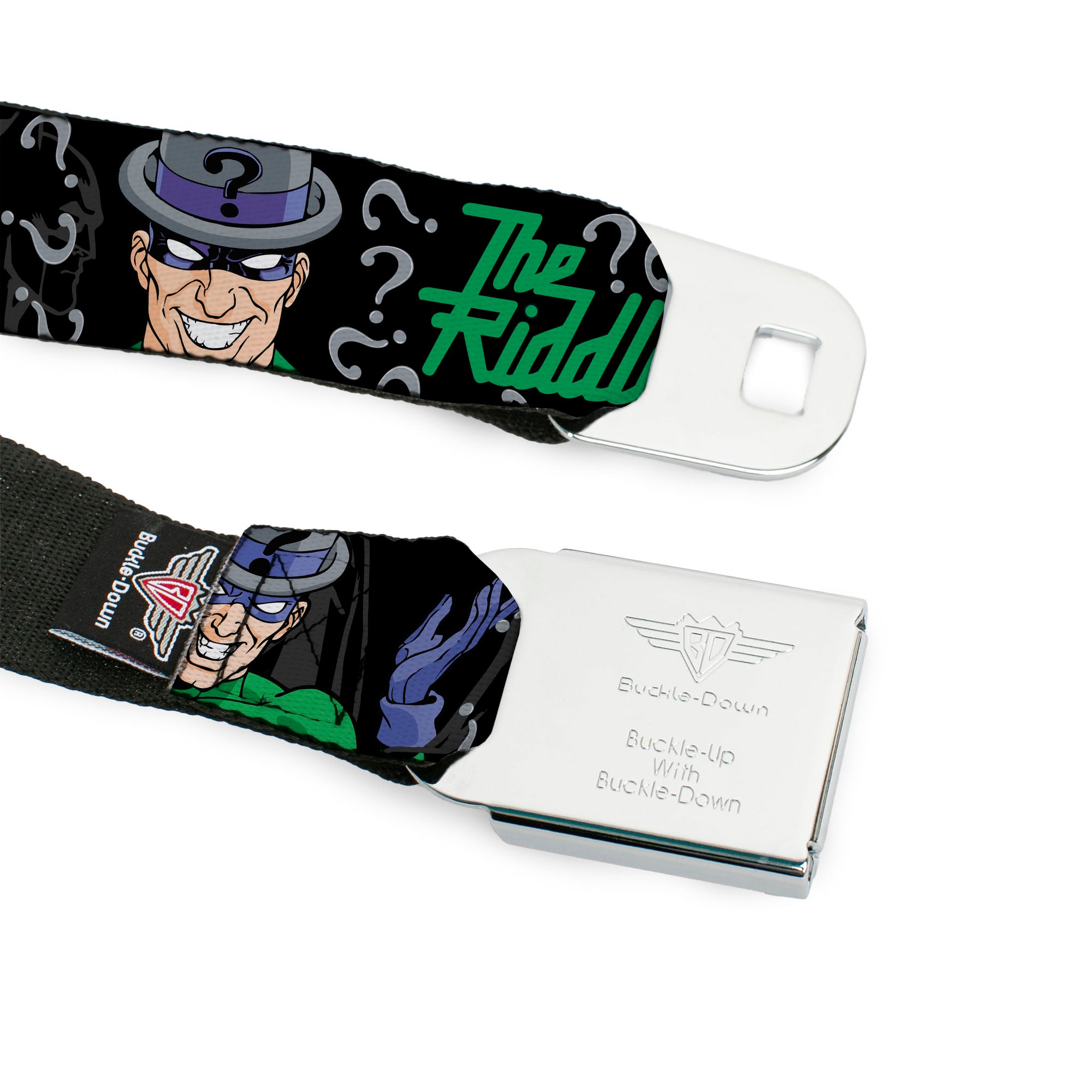 Riddler "?" Black Silver Seatbelt Belt - The Riddler w/Batman Silhouette Webbing Seatbelt Belts DC Comics