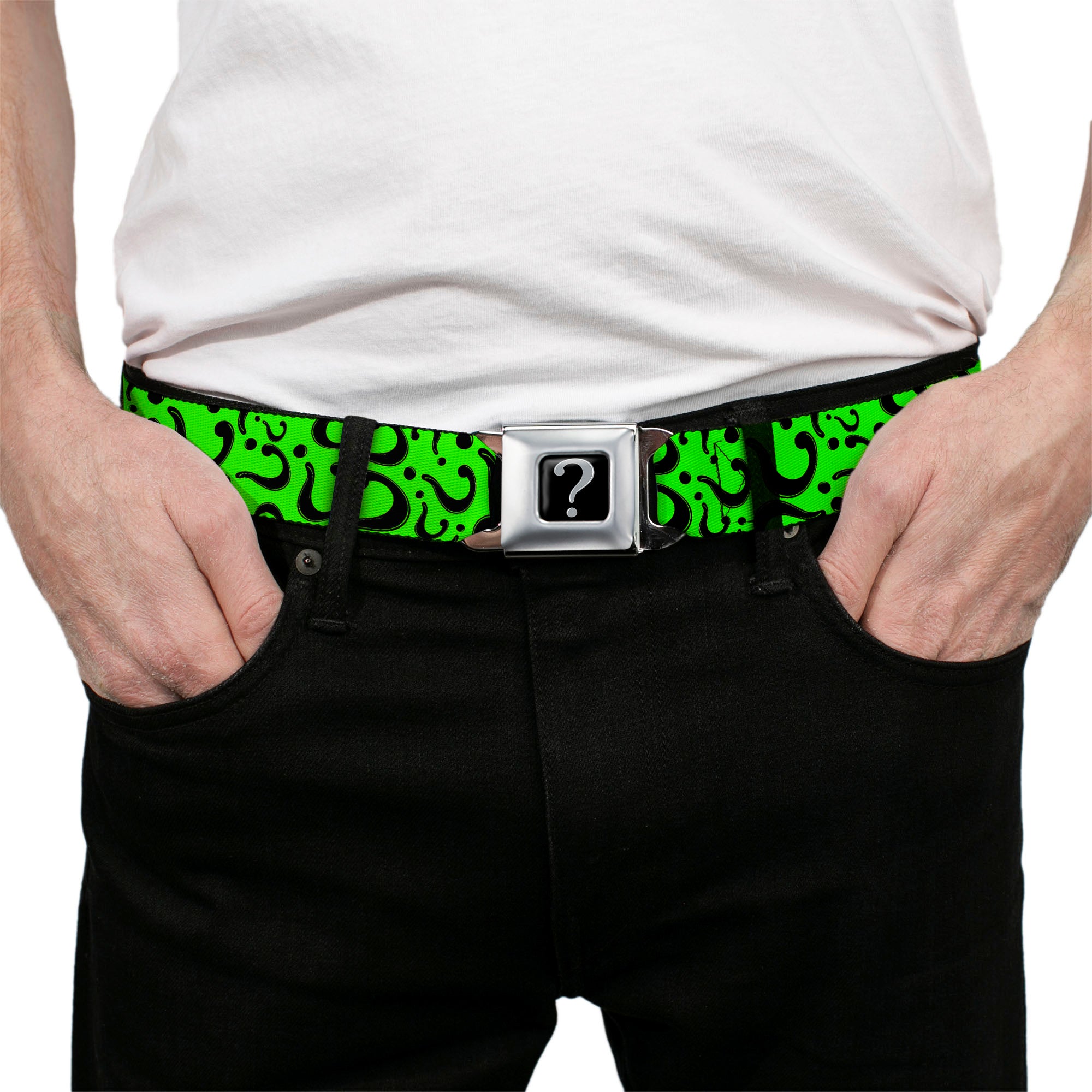Riddler "?" Black Silver Seatbelt Belt - Question Mark Scattered Lime Green/Black Webbing Seatbelt Belts DC Comics