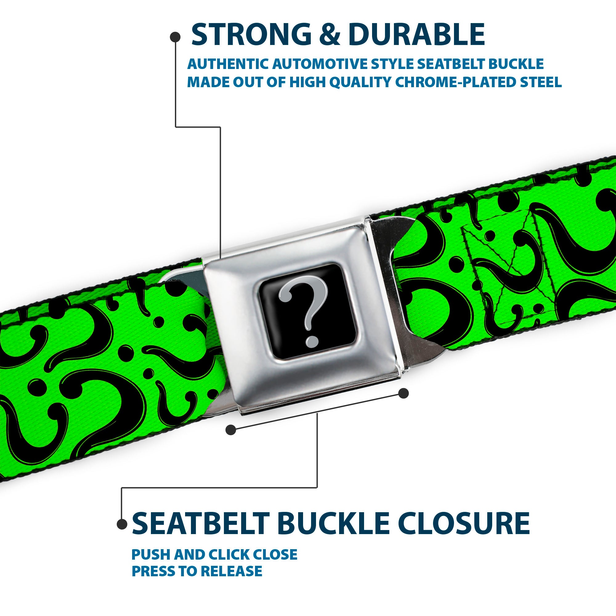 Riddler "?" Black Silver Seatbelt Belt - Question Mark Scattered Lime Green/Black Webbing Seatbelt Belts DC Comics