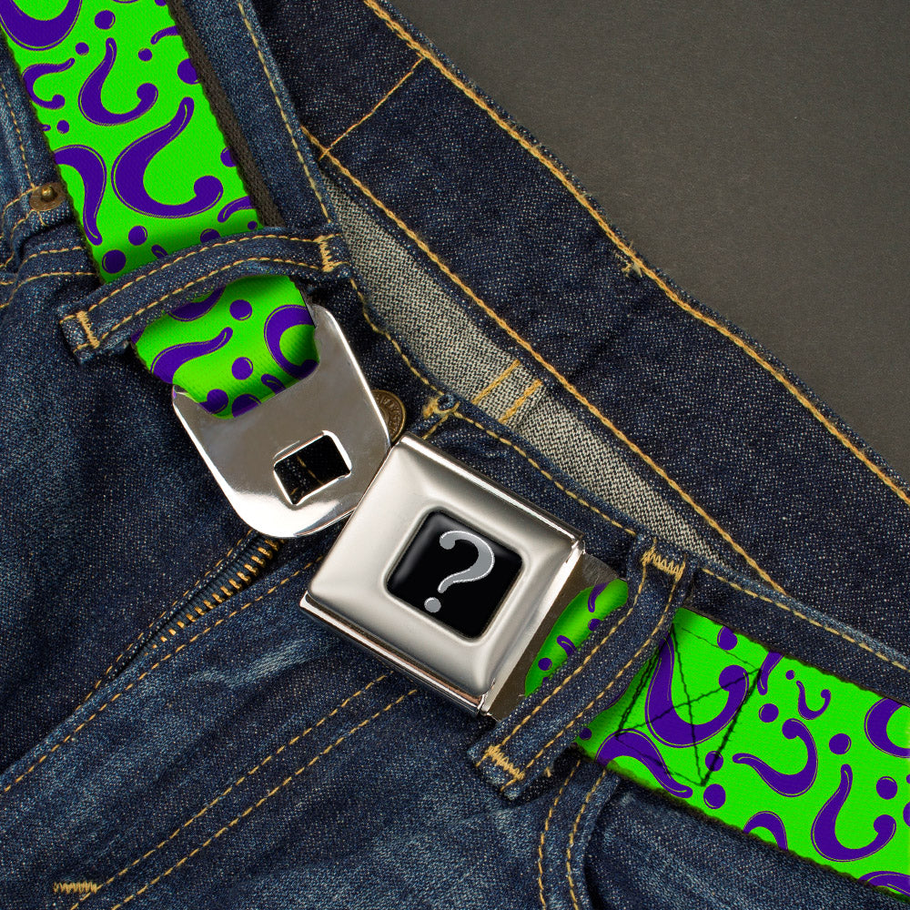 Riddler "?" Black Silver Seatbelt Belt - Question Mark Scattered Lime Green/Purple Webbing Seatbelt Belts DC Comics