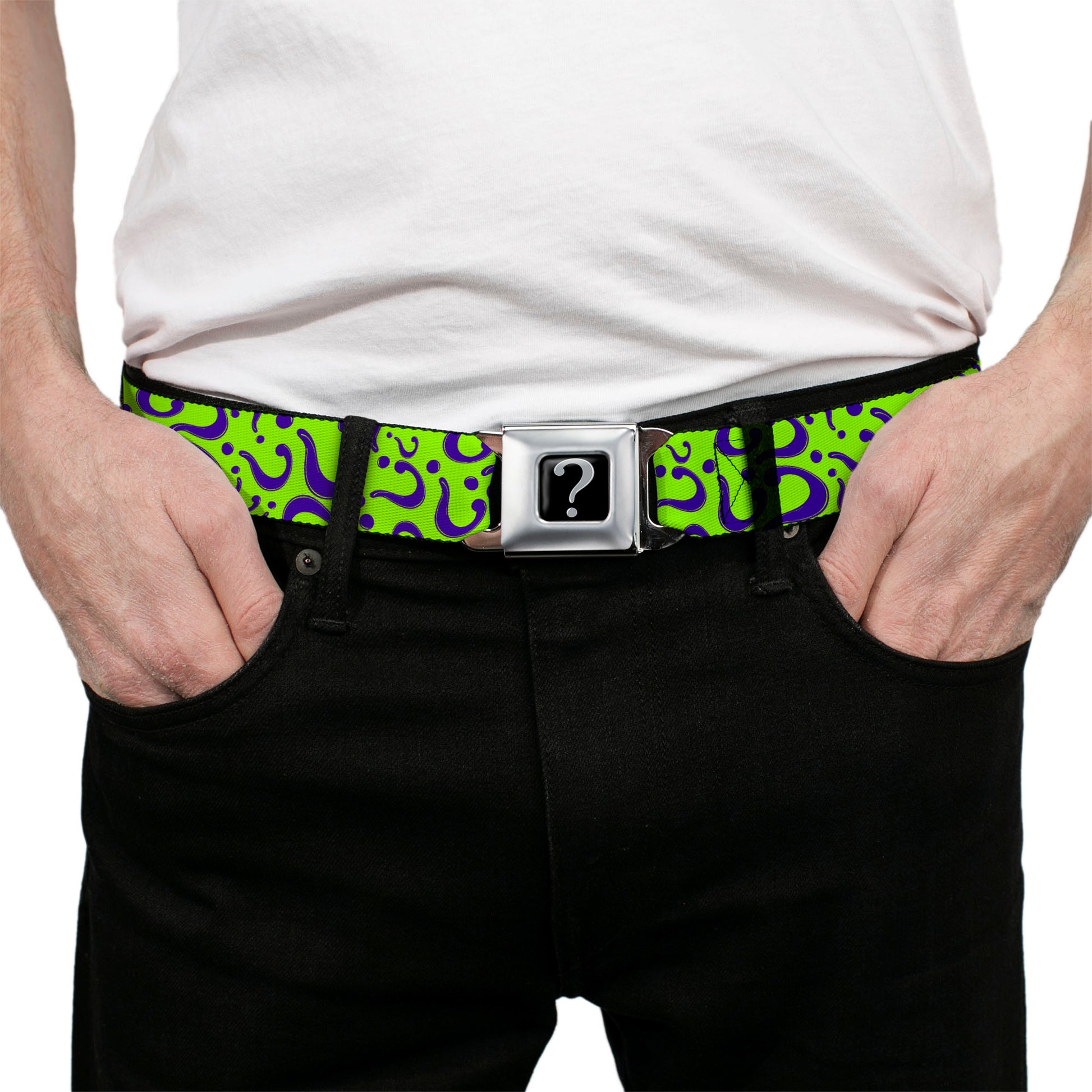 Riddler "?" Black Silver Seatbelt Belt - Question Mark Scattered Lime Green/Purple Webbing Seatbelt Belts DC Comics