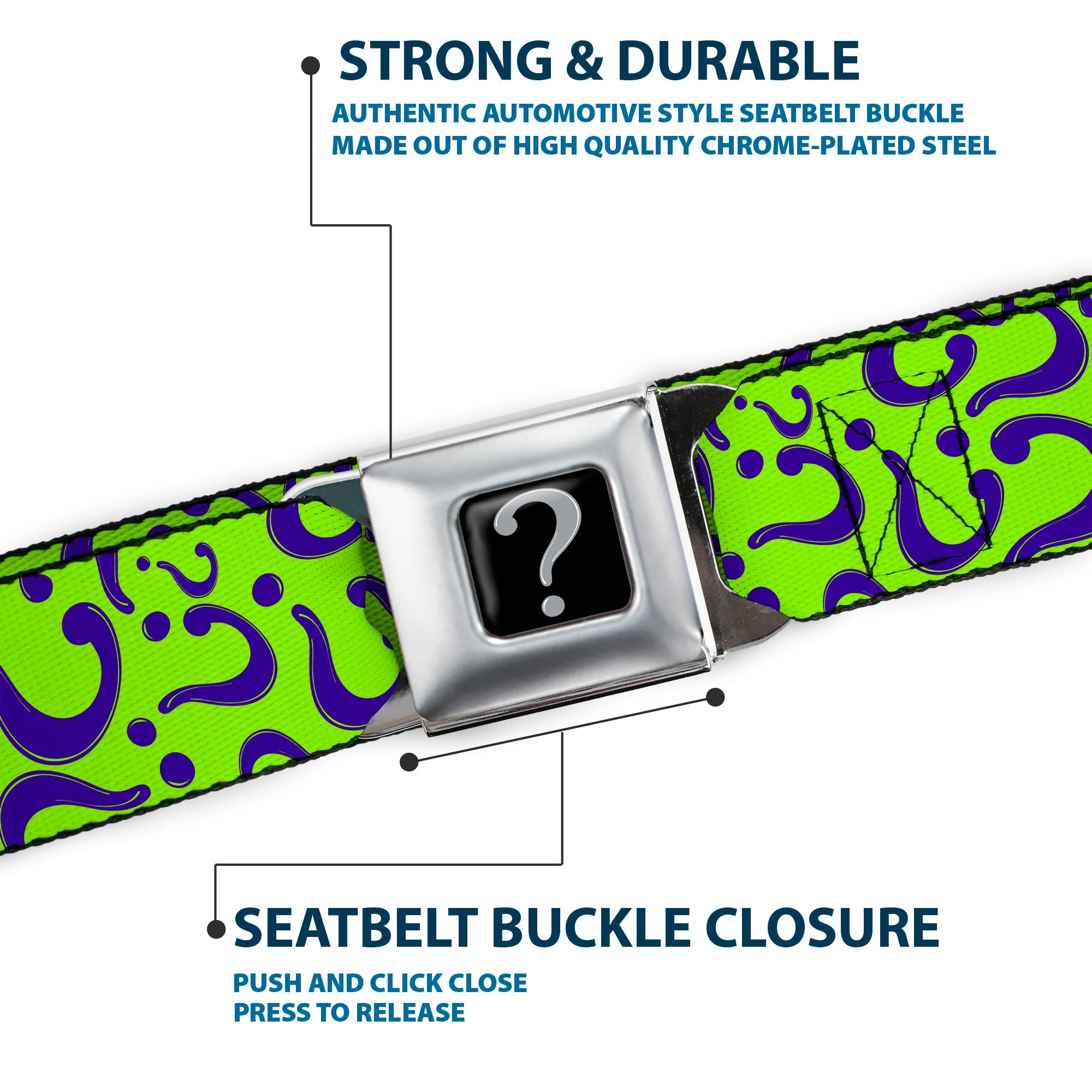 Riddler "?" Black Silver Seatbelt Belt - Question Mark Scattered Lime Green/Purple Webbing Seatbelt Belts DC Comics