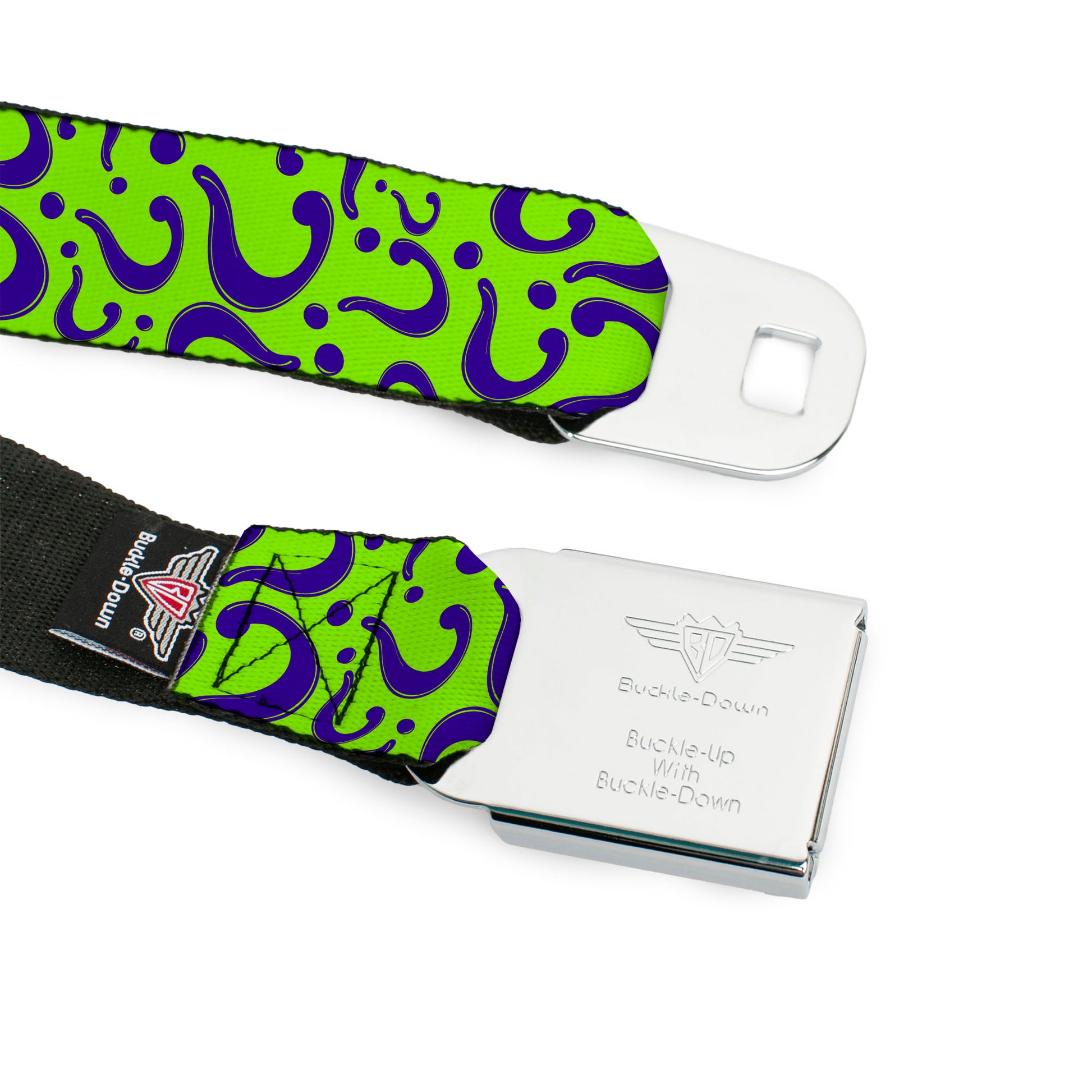 Riddler "?" Black Silver Seatbelt Belt - Question Mark Scattered Lime Green/Purple Webbing Seatbelt Belts DC Comics