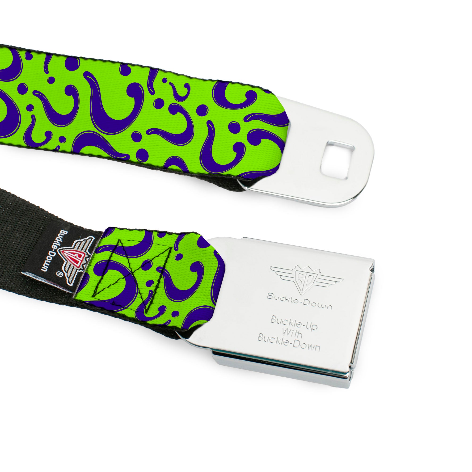 Riddler "?" Black Silver Seatbelt Belt - Question Mark Scattered Lime Green/Purple Webbing Seatbelt Belts DC Comics