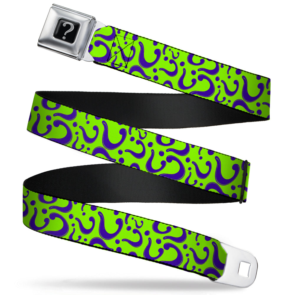 Riddler "?" Black Silver Seatbelt Belt - Question Mark Scattered Lime Green/Purple Webbing Seatbelt Belts DC Comics