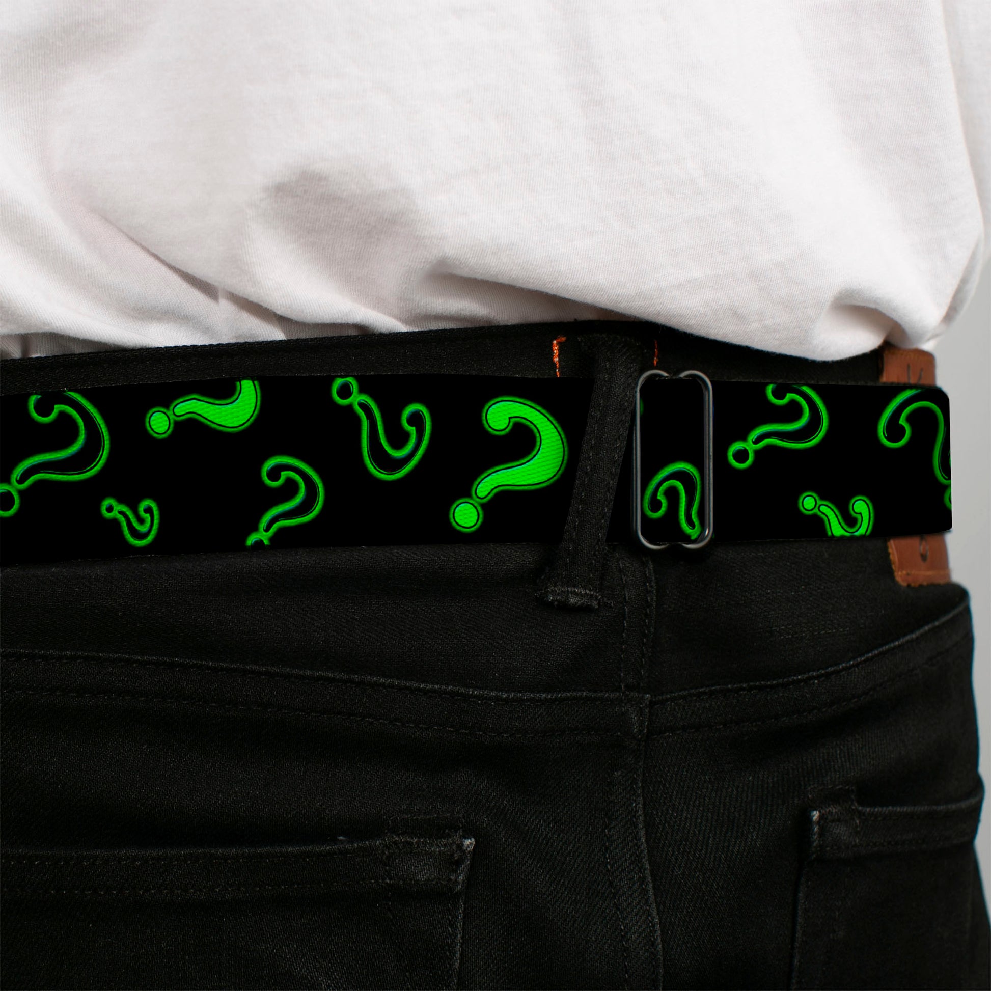 Riddler "?" Black Silver Seatbelt Belt - Question Mark Scattere2 Black/Neon Green Webbing Seatbelt Belts DC Comics