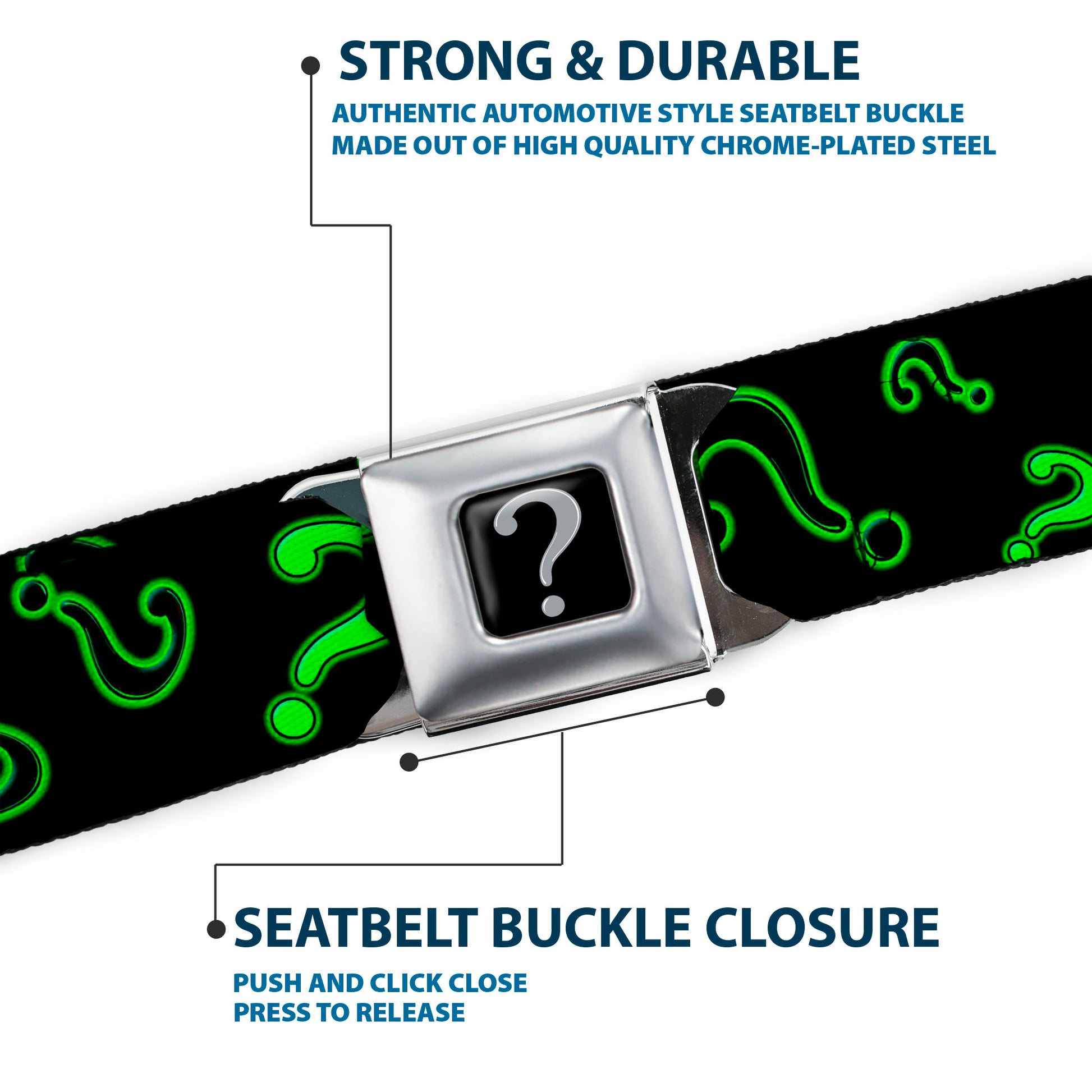 Riddler "?" Black Silver Seatbelt Belt - Question Mark Scattere2 Black/Neon Green Webbing Seatbelt Belts DC Comics
