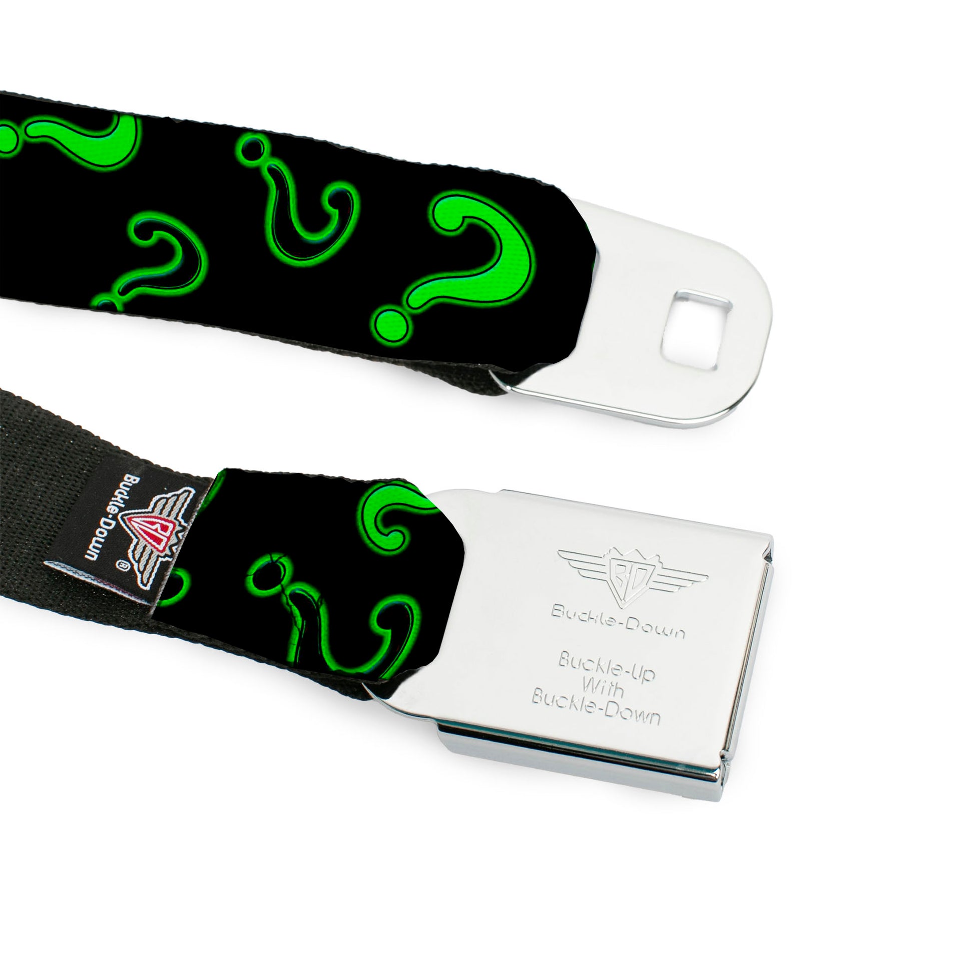 Riddler "?" Black Silver Seatbelt Belt - Question Mark Scattere2 Black/Neon Green Webbing Seatbelt Belts DC Comics