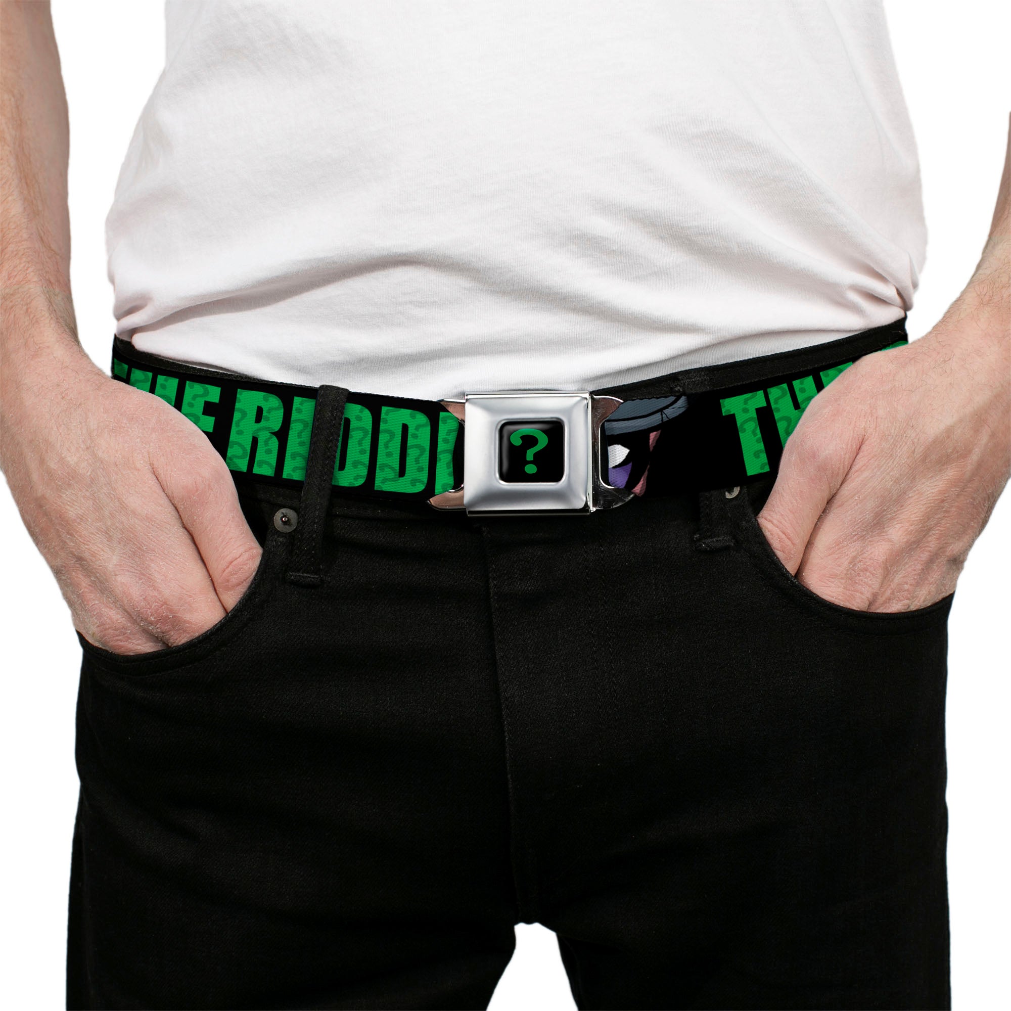 Riddler "?" Full Color Black Green Seatbelt Belt - THE RIDDLER/Face CLOSE-UP Black/Green Webbing Seatbelt Belts DC Comics
