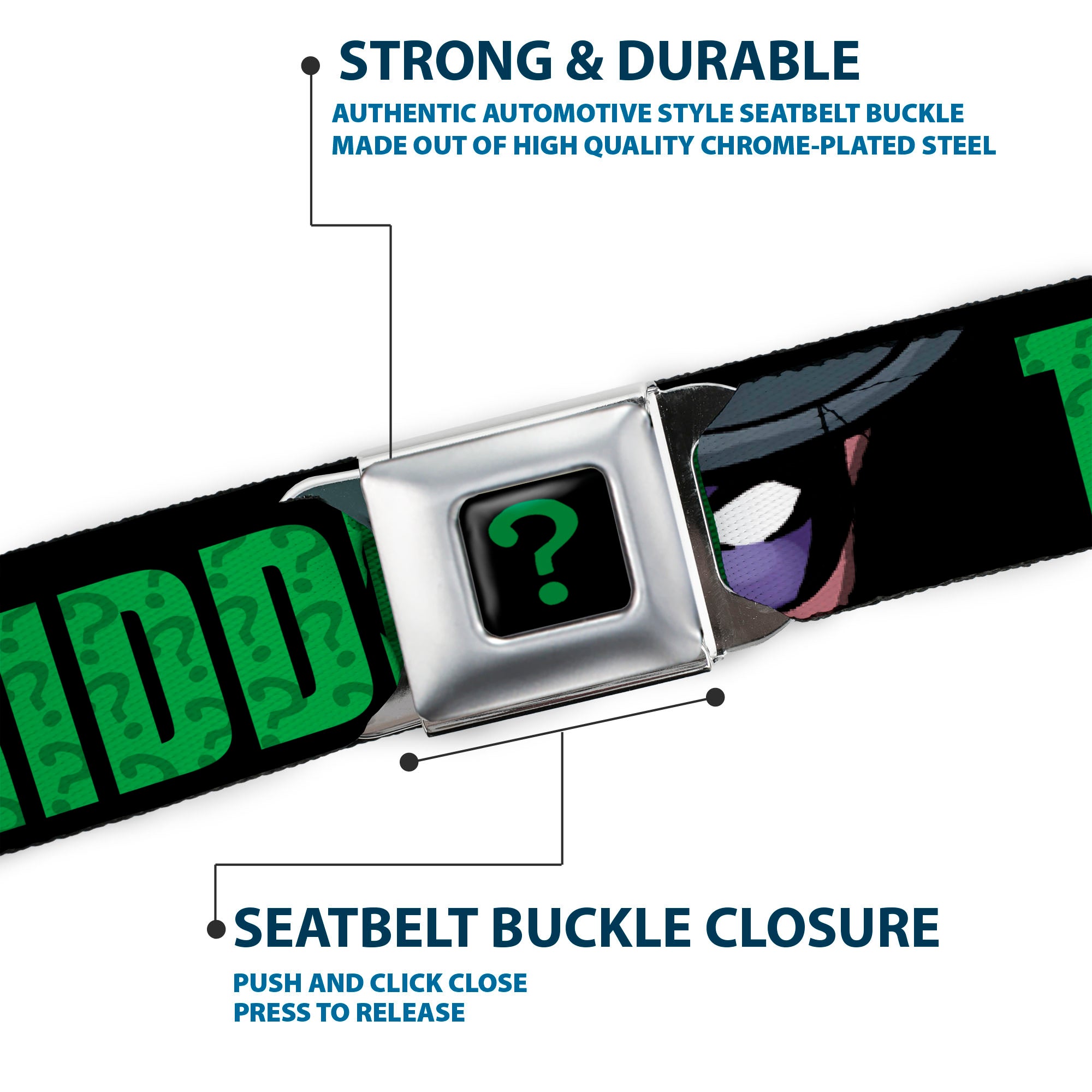 Riddler "?" Full Color Black Green Seatbelt Belt - THE RIDDLER/Face CLOSE-UP Black/Green Webbing Seatbelt Belts DC Comics