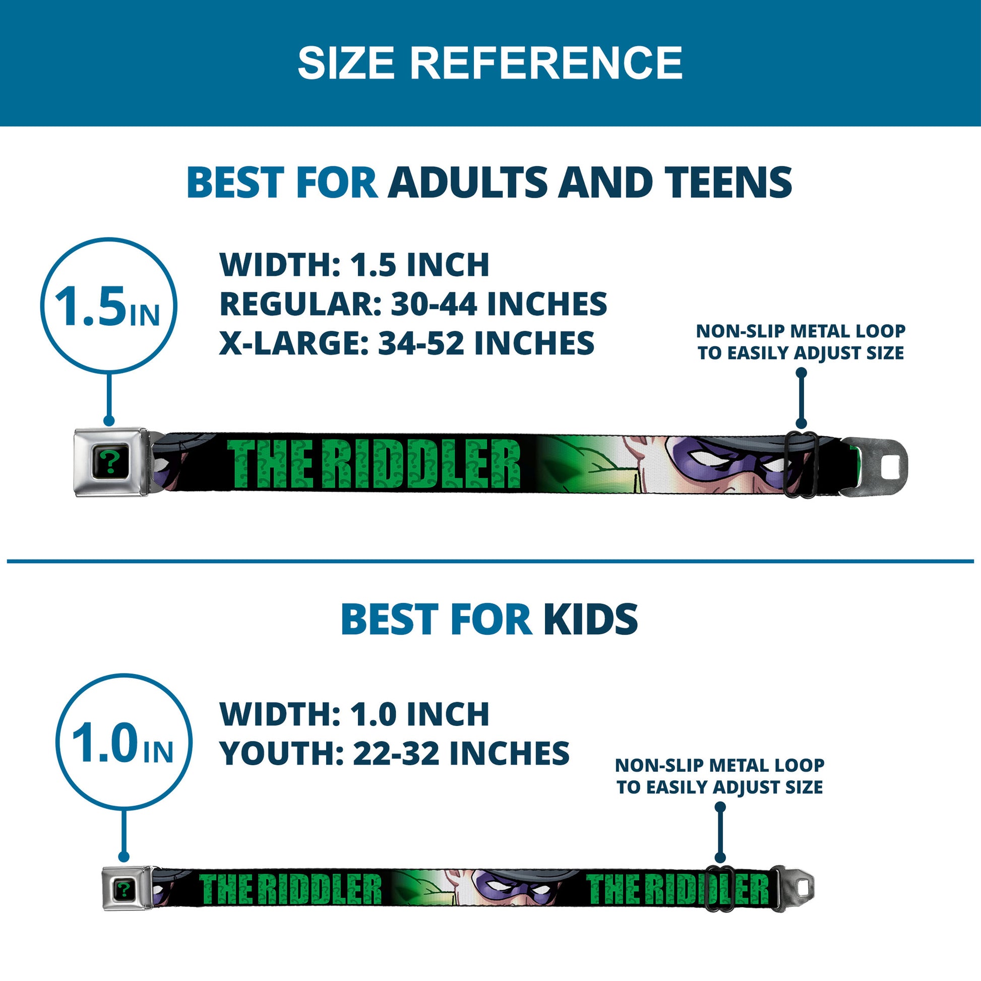 Riddler "?" Full Color Black Green Seatbelt Belt - THE RIDDLER/Face CLOSE-UP Black/Green Webbing Seatbelt Belts DC Comics