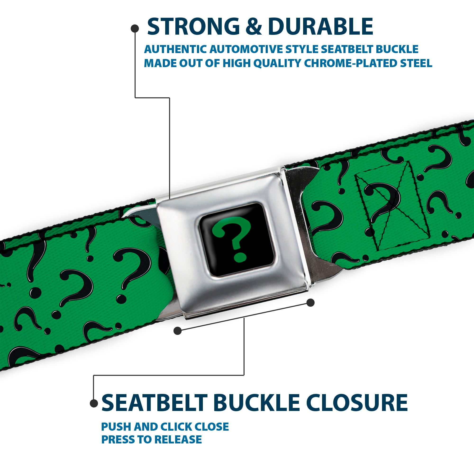 Riddler "?" Full Color Black Green Seatbelt Belt - Question Mark Scattered3 Dark Green/Black Webbing Seatbelt Belts DC Comics