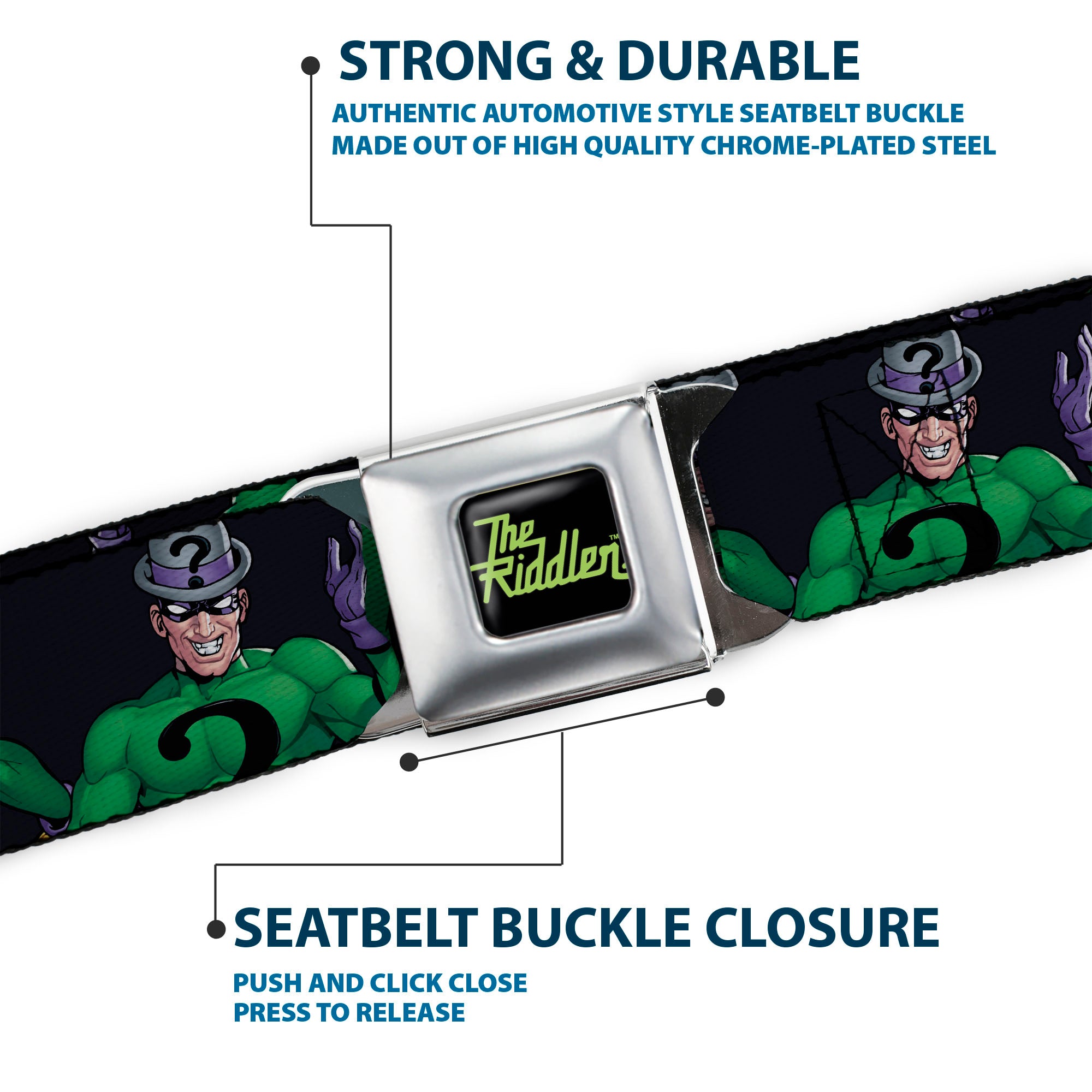 THE RIDDLER Title Log Full Color Black/Green Seatbelt Belt - DC Batman Villain The Riddler Pose Turns Black Webbing Seatbelt Belts DC Comics