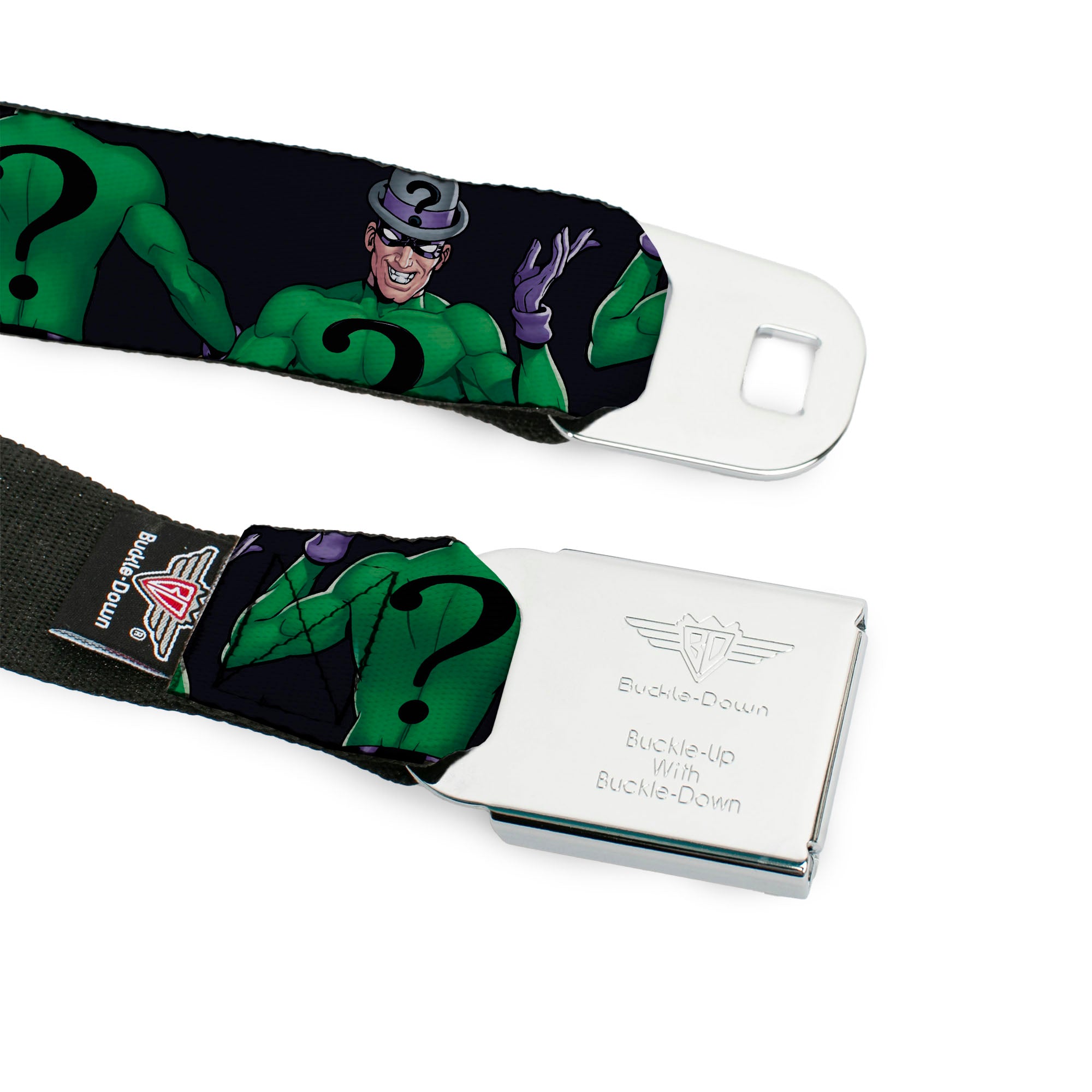 THE RIDDLER Title Log Full Color Black/Green Seatbelt Belt - DC Batman Villain The Riddler Pose Turns Black Webbing Seatbelt Belts DC Comics