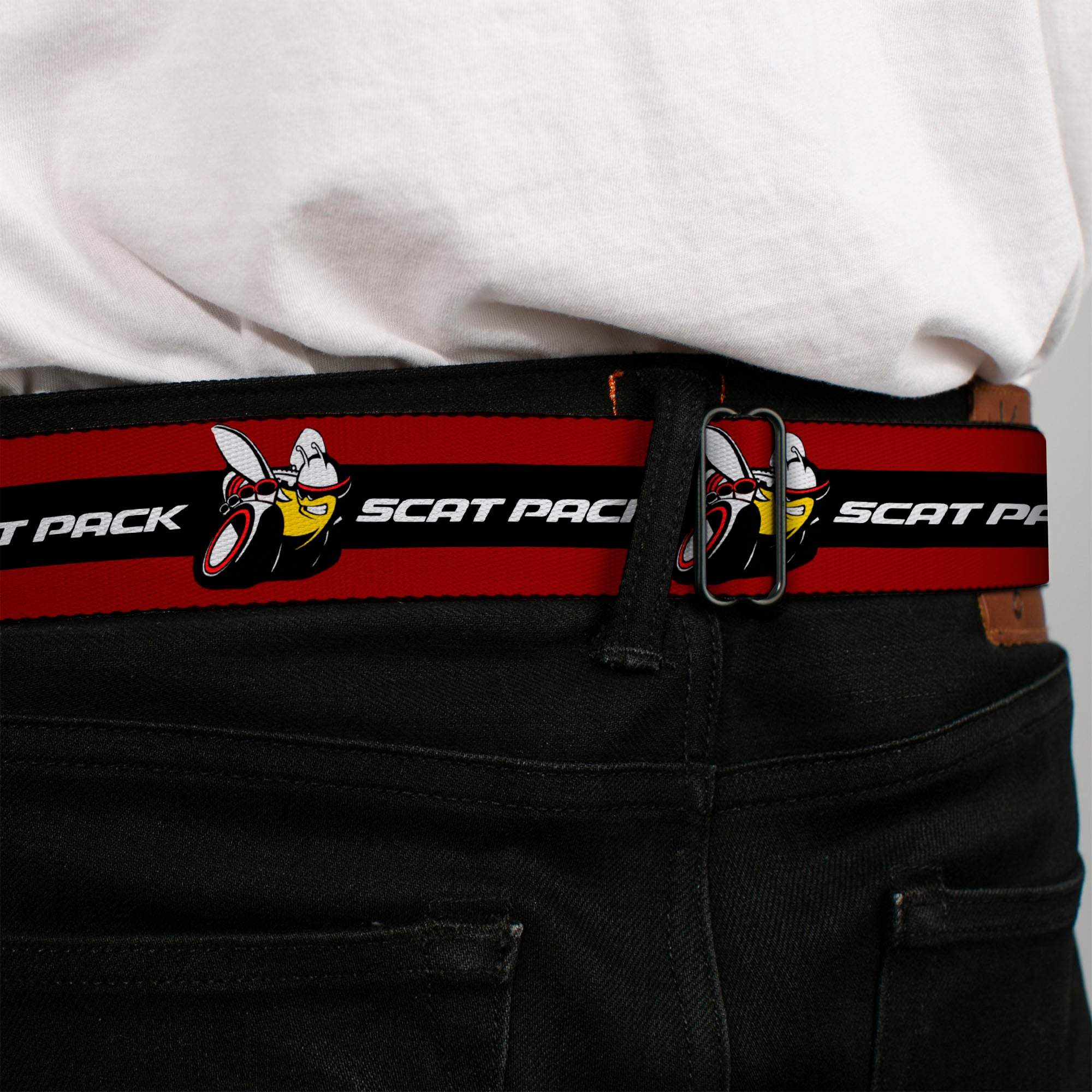 Dodge Red Rhombus Full Color Seatbelt Belt - Dodge SCAT PACK Badge Logo Stripe Red/Black/White Webbing Seatbelt Belts Dodge