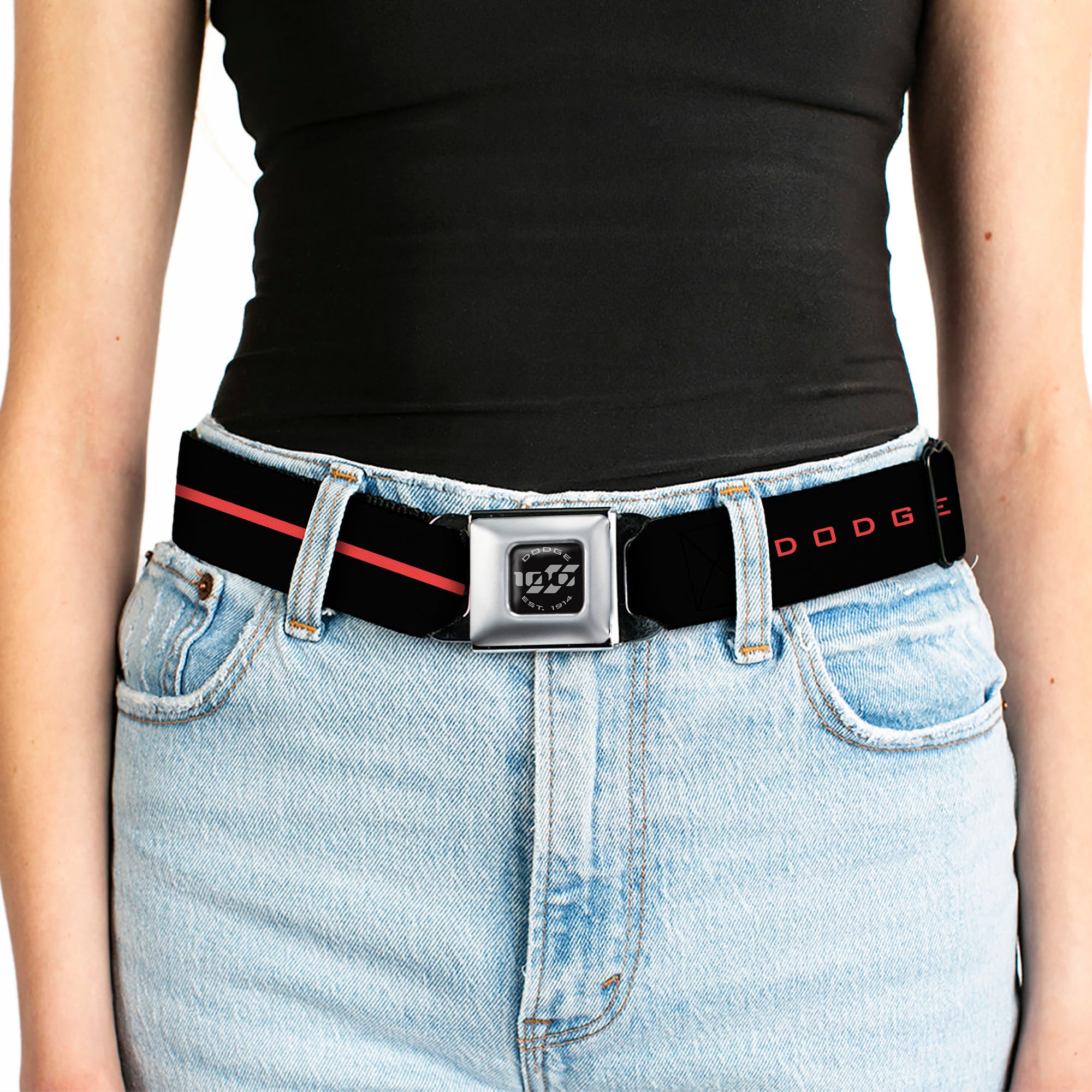 Dodge 100th Anniversary Logo Brushed Silver Black Seatbelt Belt - Dodge 100th Anniversary Logo/Stripe Black/Red Webbing Seatbelt Belts Dodge