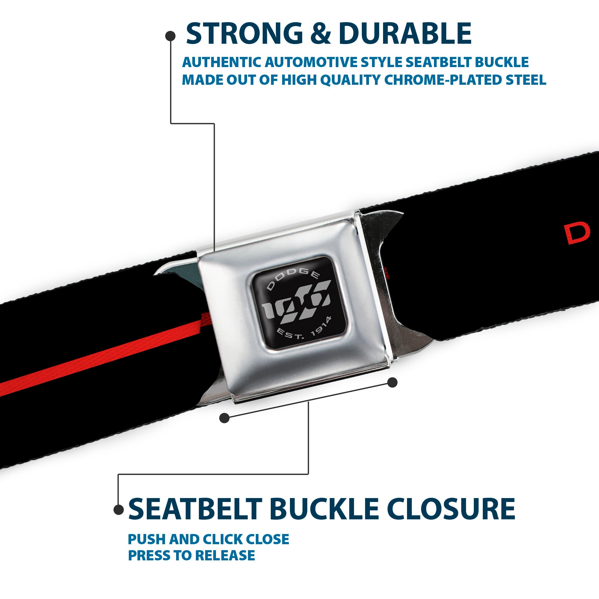 Dodge 100th Anniversary Logo Brushed Silver Black Seatbelt Belt - Dodge 100th Anniversary Logo/Stripe Black/Red Webbing Seatbelt Belts Dodge