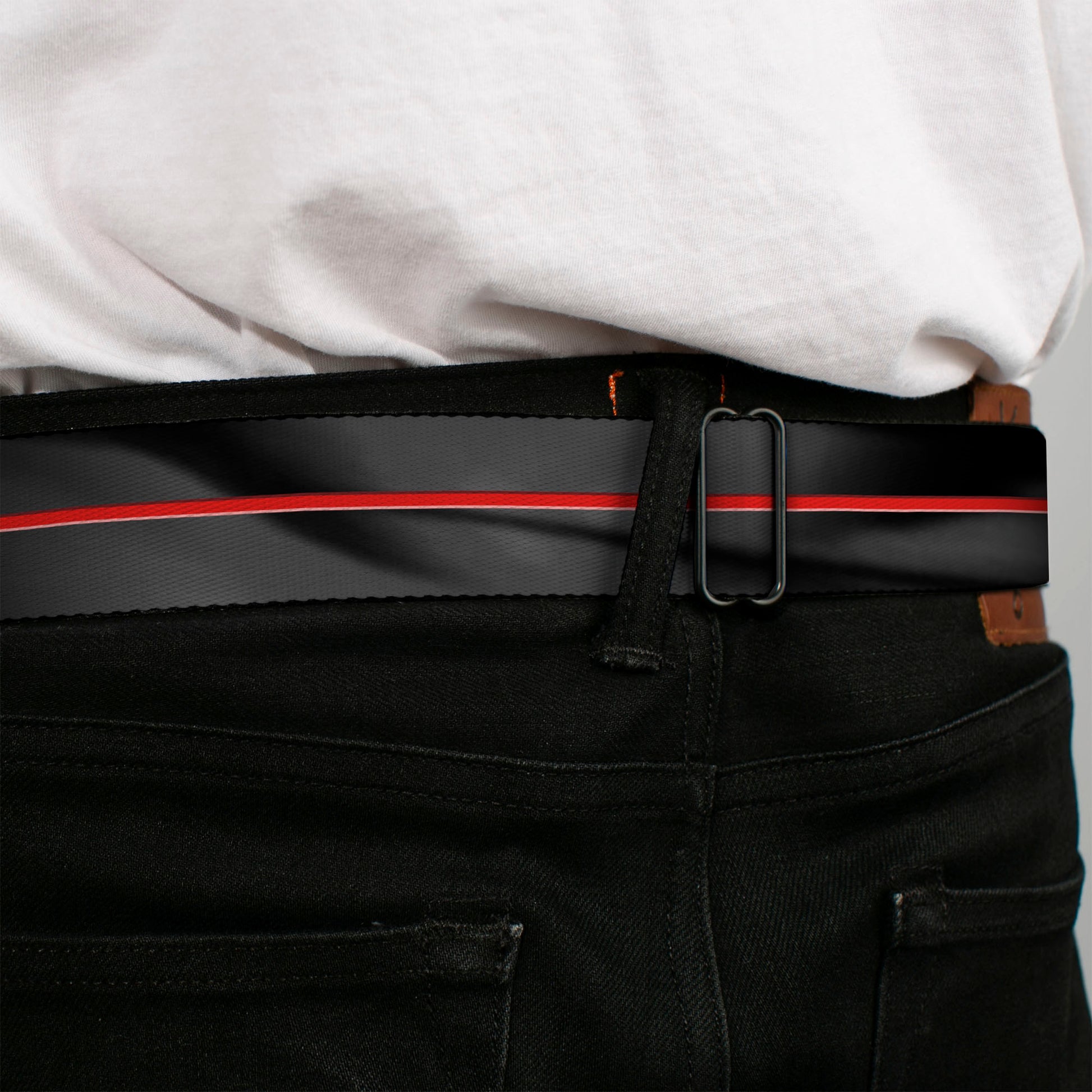 Dodge 100th Anniversary Logo Brushed Silver Black Seatbelt Belt - Dodge 100th Anniversary Rhombus/Stripe Black-Gray Swirl/Red Webbing Seatbelt Belts Dodge