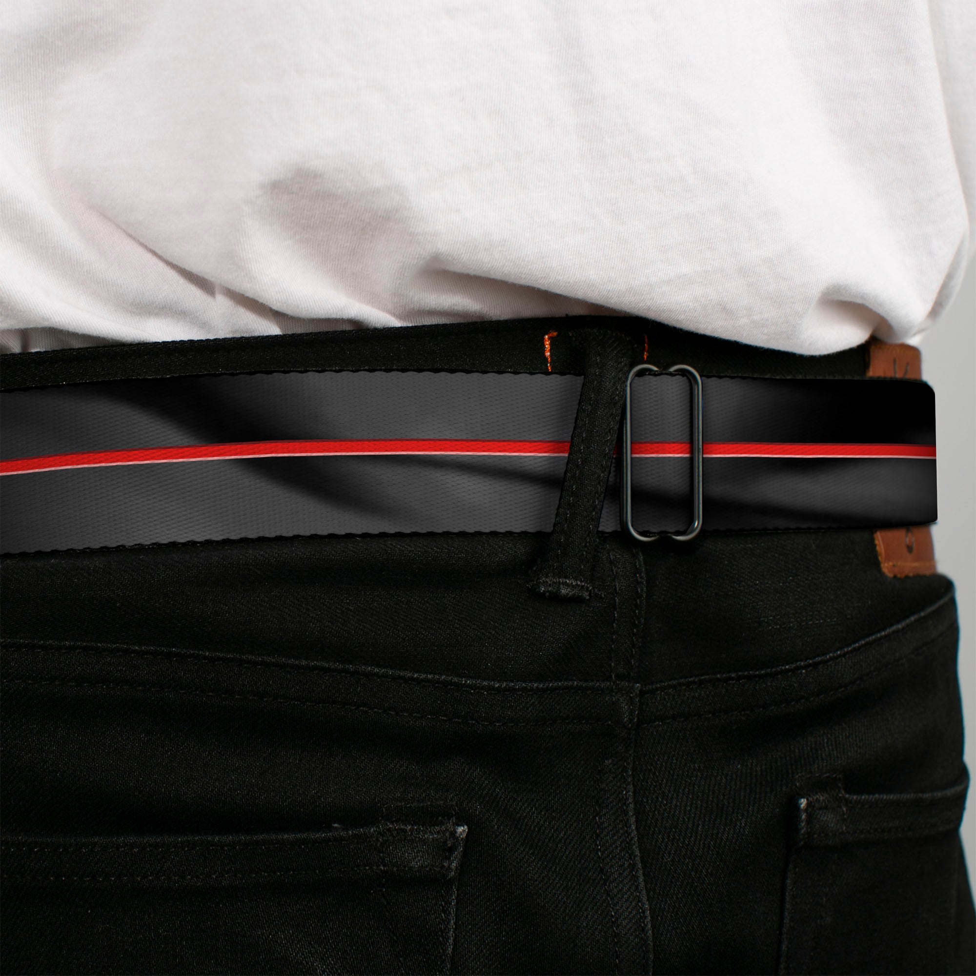 Dodge 100th Anniversary Logo Brushed Silver Black Seatbelt Belt - Dodge 100th Anniversary Rhombus/Stripe Black-Gray Swirl/Red Webbing Seatbelt Belts Dodge