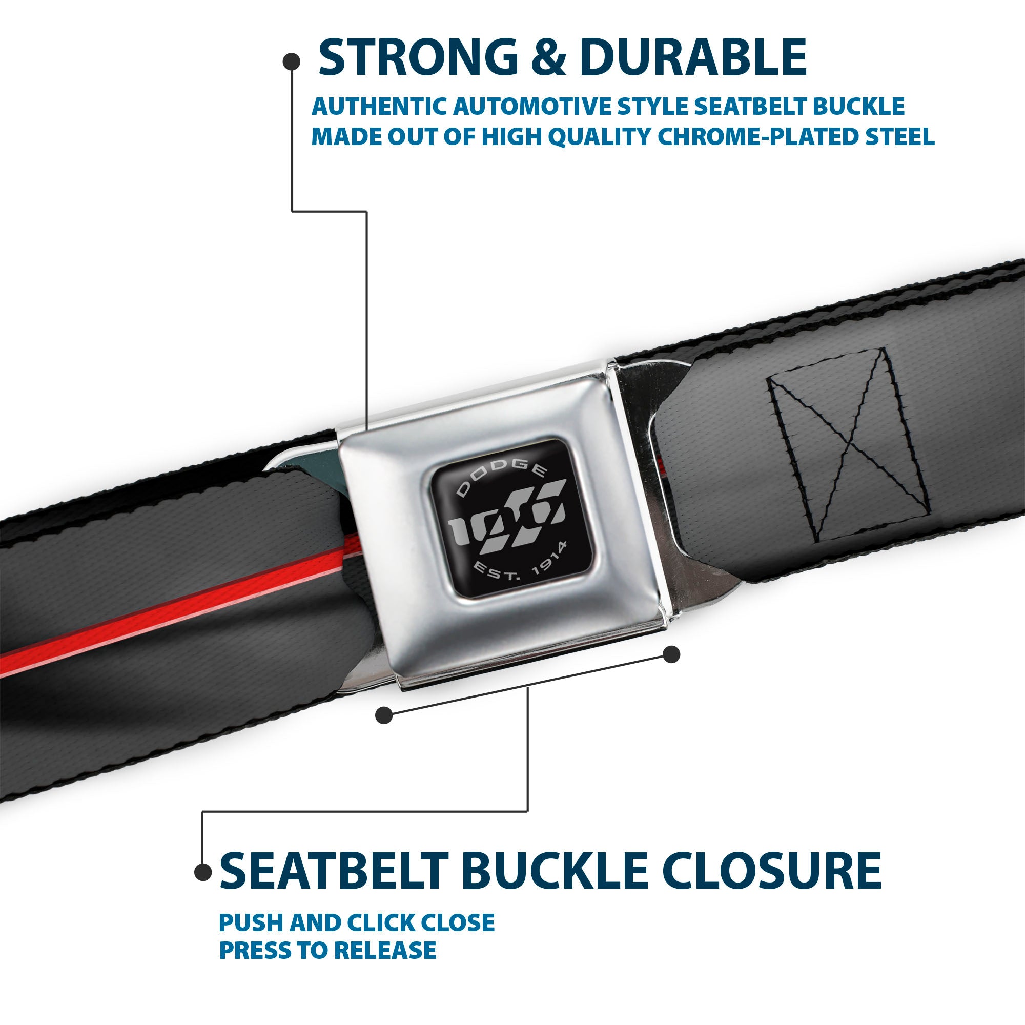 Dodge 100th Anniversary Logo Brushed Silver Black Seatbelt Belt - Dodge 100th Anniversary Rhombus/Stripe Black-Gray Swirl/Red Webbing Seatbelt Belts Dodge