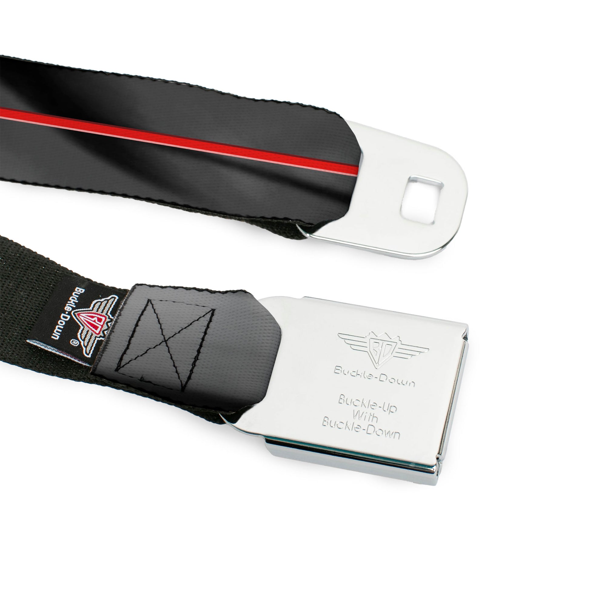 Dodge 100th Anniversary Logo Brushed Silver Black Seatbelt Belt - Dodge 100th Anniversary Rhombus/Stripe Black-Gray Swirl/Red Webbing Seatbelt Belts Dodge