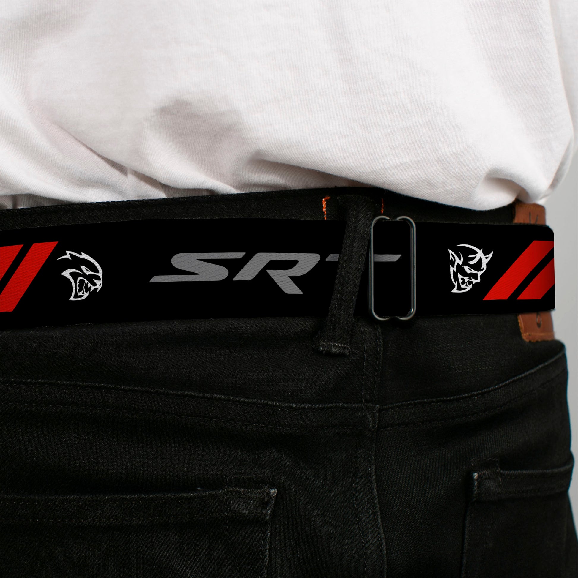 Dodge Rhombus Icon Full Color Black Red Seatbelt Belt - Dodge SRT Demon/Rhombus/Hellcat Logo Black/Silver/Red/White Webbing Seatbelt Belts Dodge