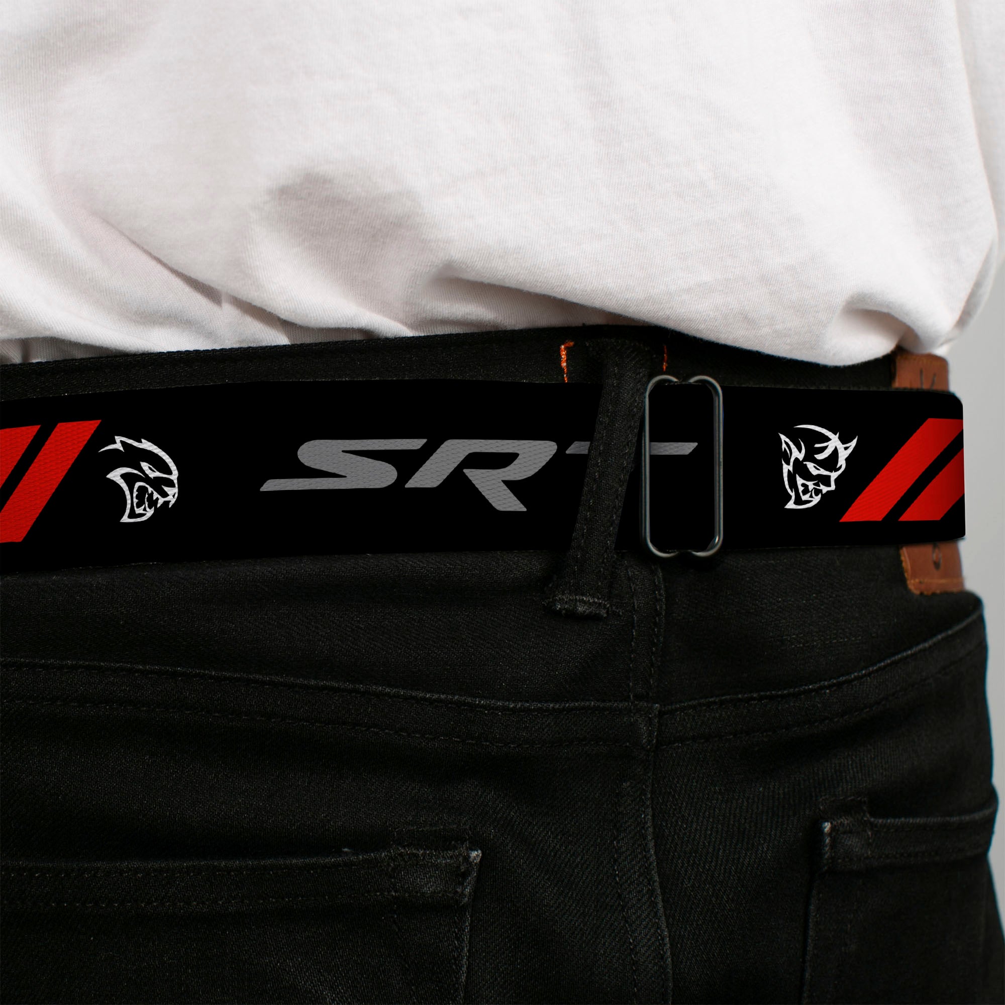 Dodge Rhombus Icon Full Color Black Red Seatbelt Belt - Dodge SRT Demon/Rhombus/Hellcat Logo Black/Silver/Red/White Webbing Seatbelt Belts Dodge