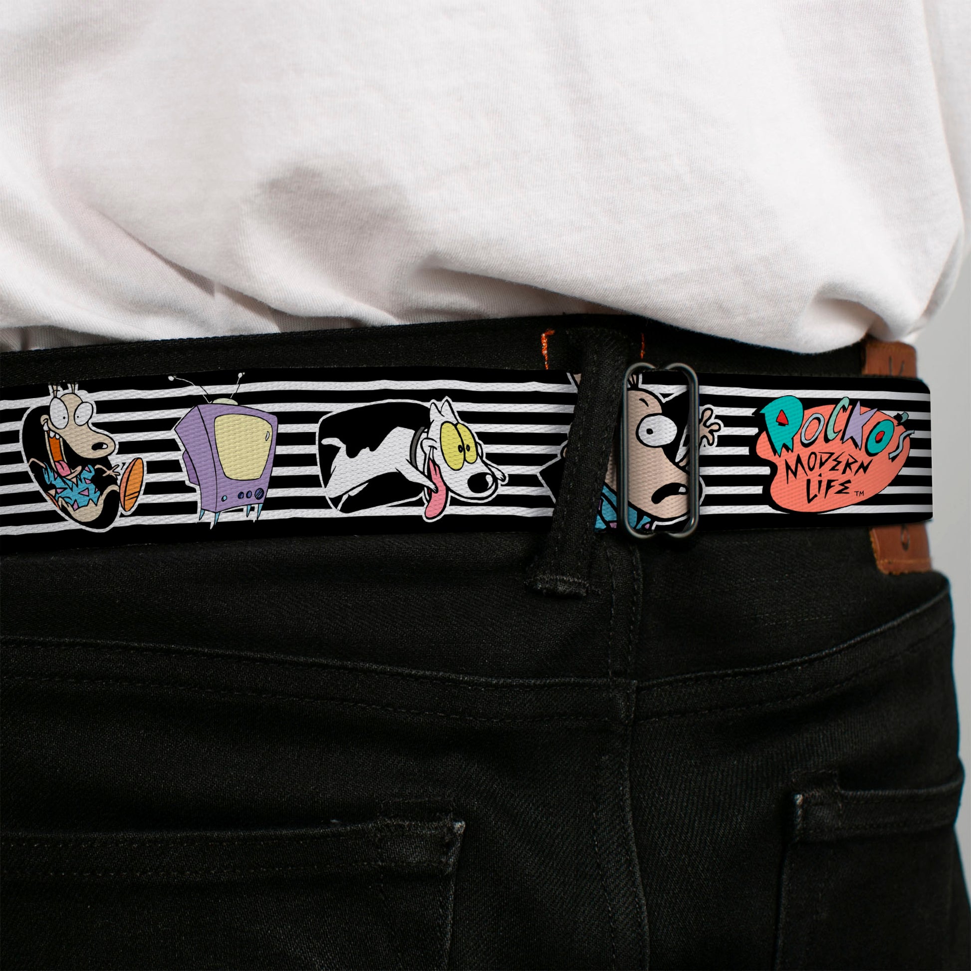 Rocko & Spunky Pose Full Color Black Seatbelt Belt - ROCKO'S MODERN LIFE Rocko & Spunky Poses/TV Stripe Black/White Webbing Seatbelt Belts Ren and Stimpy