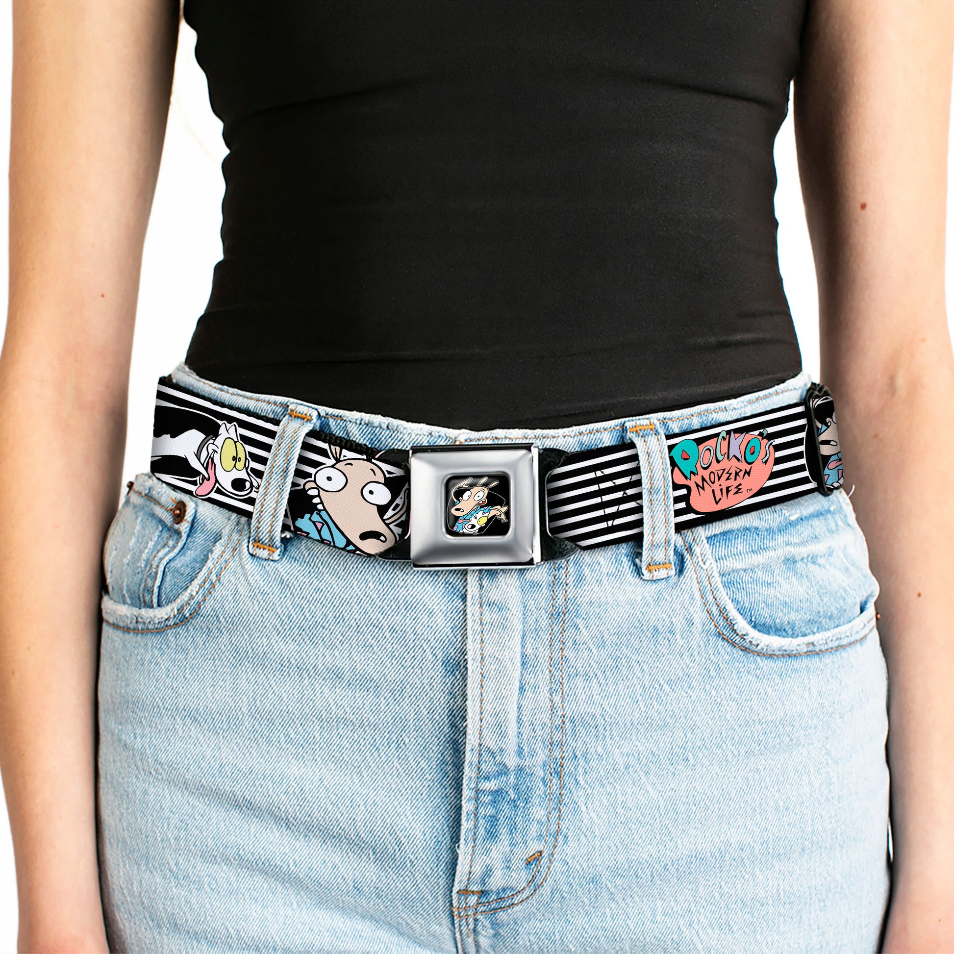 Rocko & Spunky Pose Full Color Black Seatbelt Belt - ROCKO'S MODERN LIFE Rocko & Spunky Poses/TV Stripe Black/White Webbing Seatbelt Belts Ren and Stimpy
