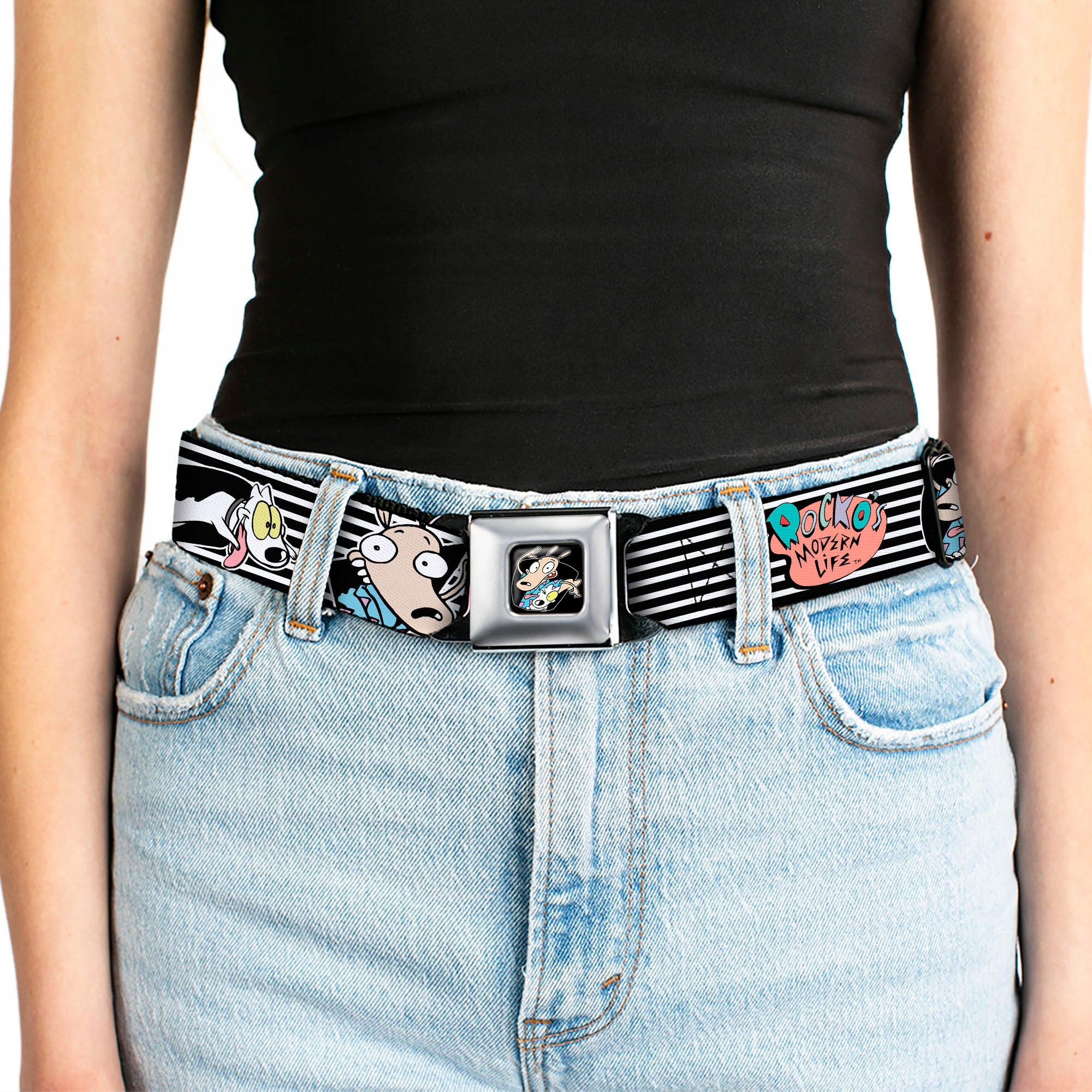 Rocko & Spunky Pose Full Color Black Seatbelt Belt - ROCKO'S MODERN LIFE Rocko & Spunky Poses/TV Stripe Black/White Webbing Seatbelt Belts Ren and Stimpy