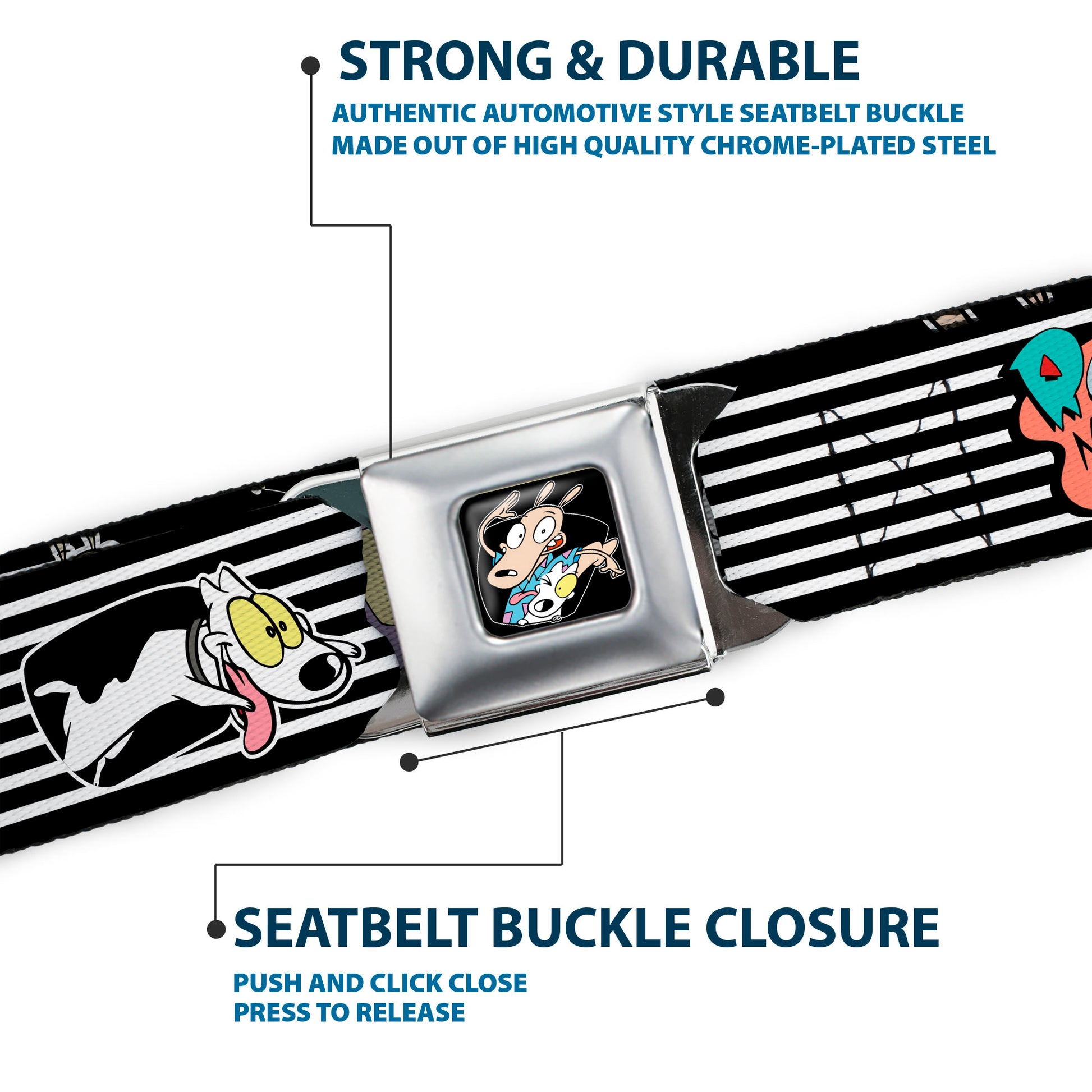 Rocko & Spunky Pose Full Color Black Seatbelt Belt - ROCKO'S MODERN LIFE Rocko & Spunky Poses/TV Stripe Black/White Webbing Seatbelt Belts Ren and Stimpy